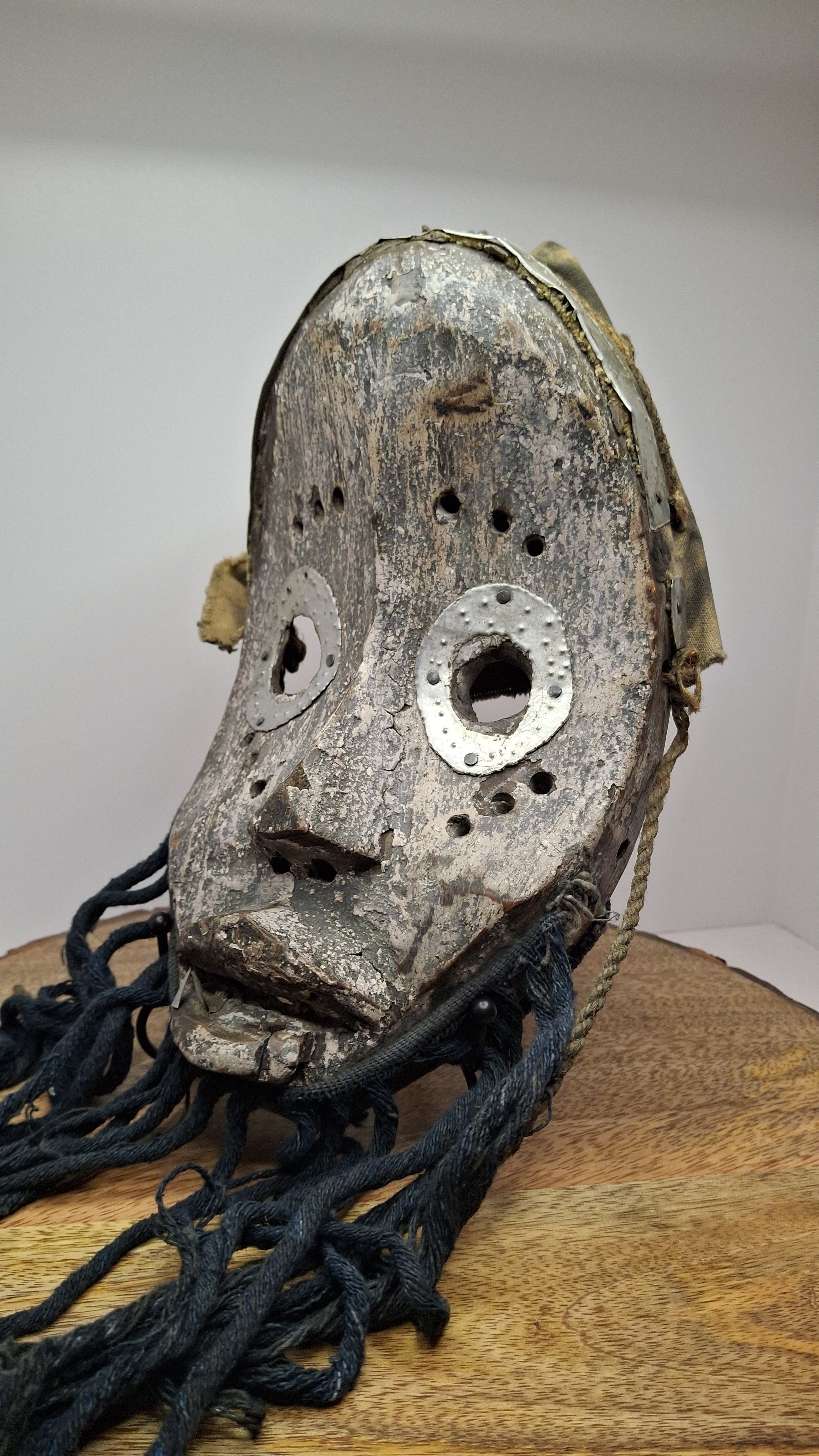 Antique African Marka Mask Mali - Hand Carved Wood Brass Overlay Fiber Beard 19th/20th C. - Authentic Tribal Art Bambara Influence