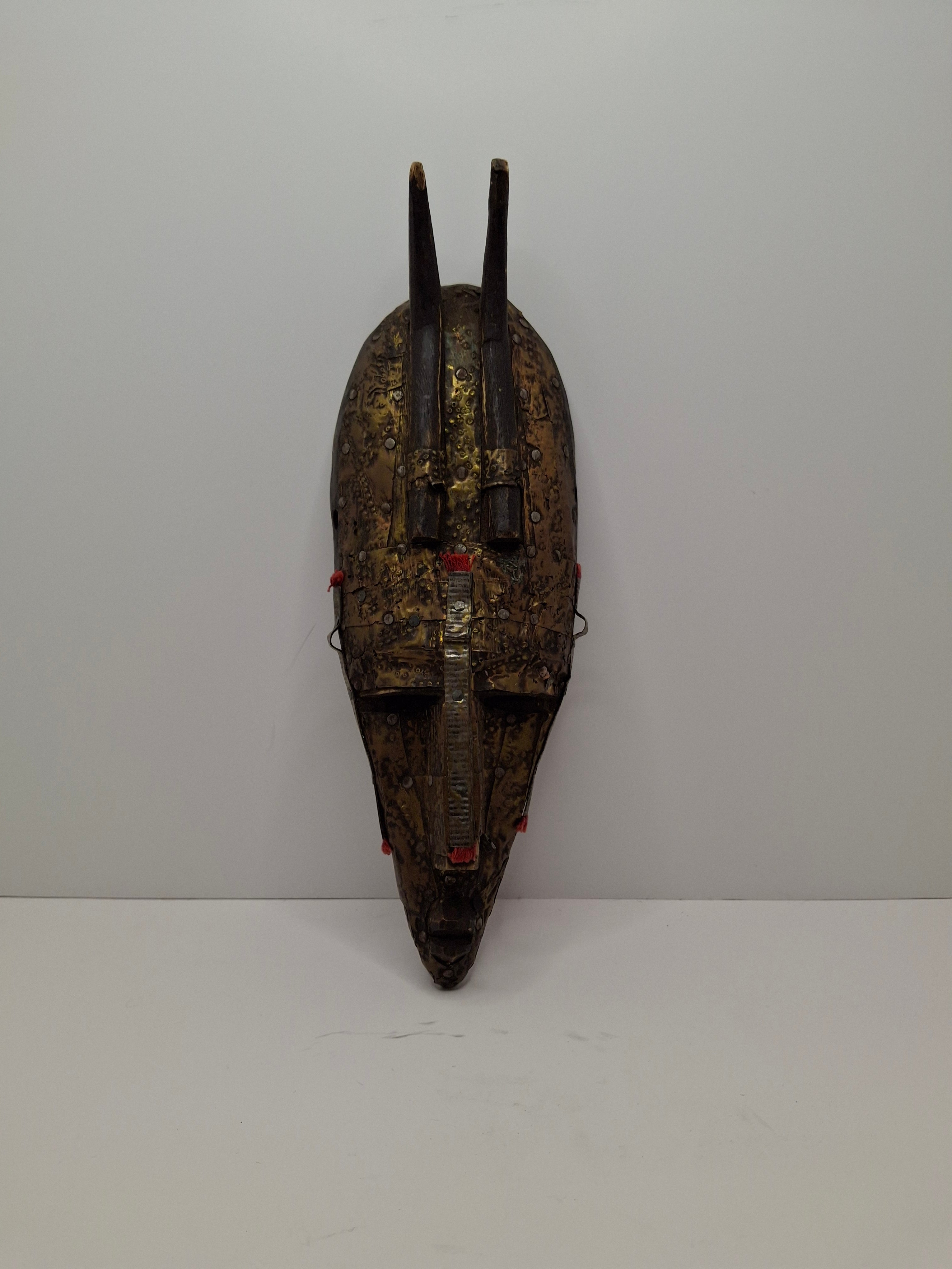Authentic Marka African Mask Mali - Hammered Brass & Copper Over Wood - Bambara Ntomo Ritual Carving - Mid-20th Century - 10" Tribal Art