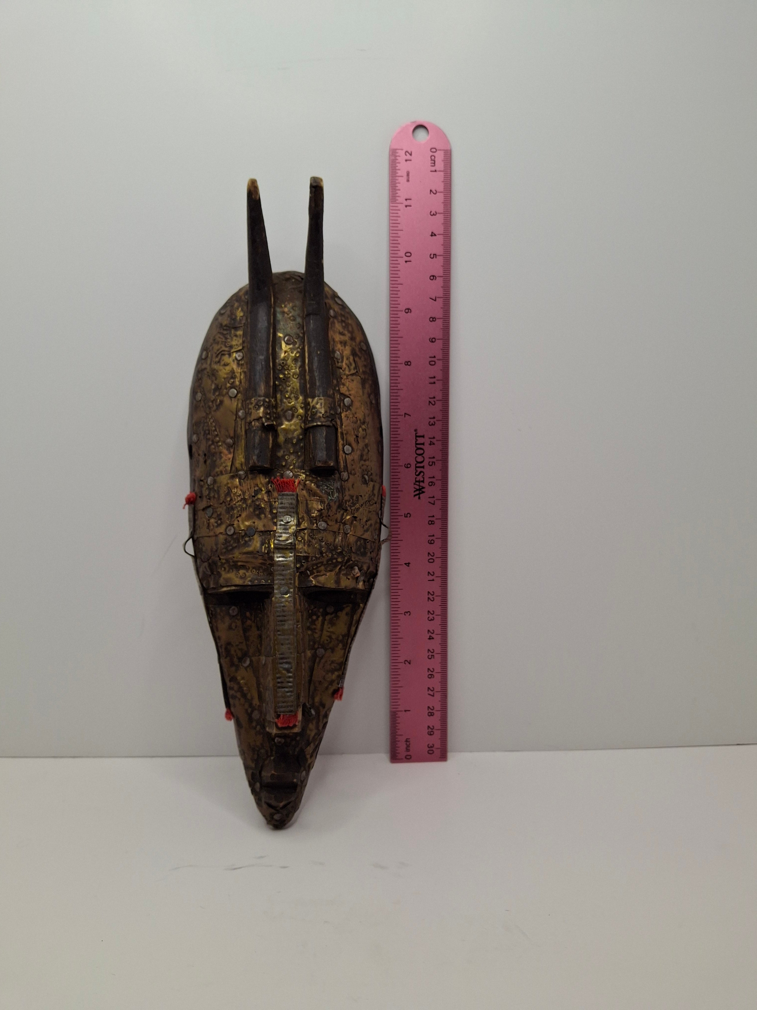Authentic Marka African Mask Mali - Hammered Brass & Copper Over Wood - Bambara Ntomo Ritual Carving - Mid-20th Century - 10" Tribal Art