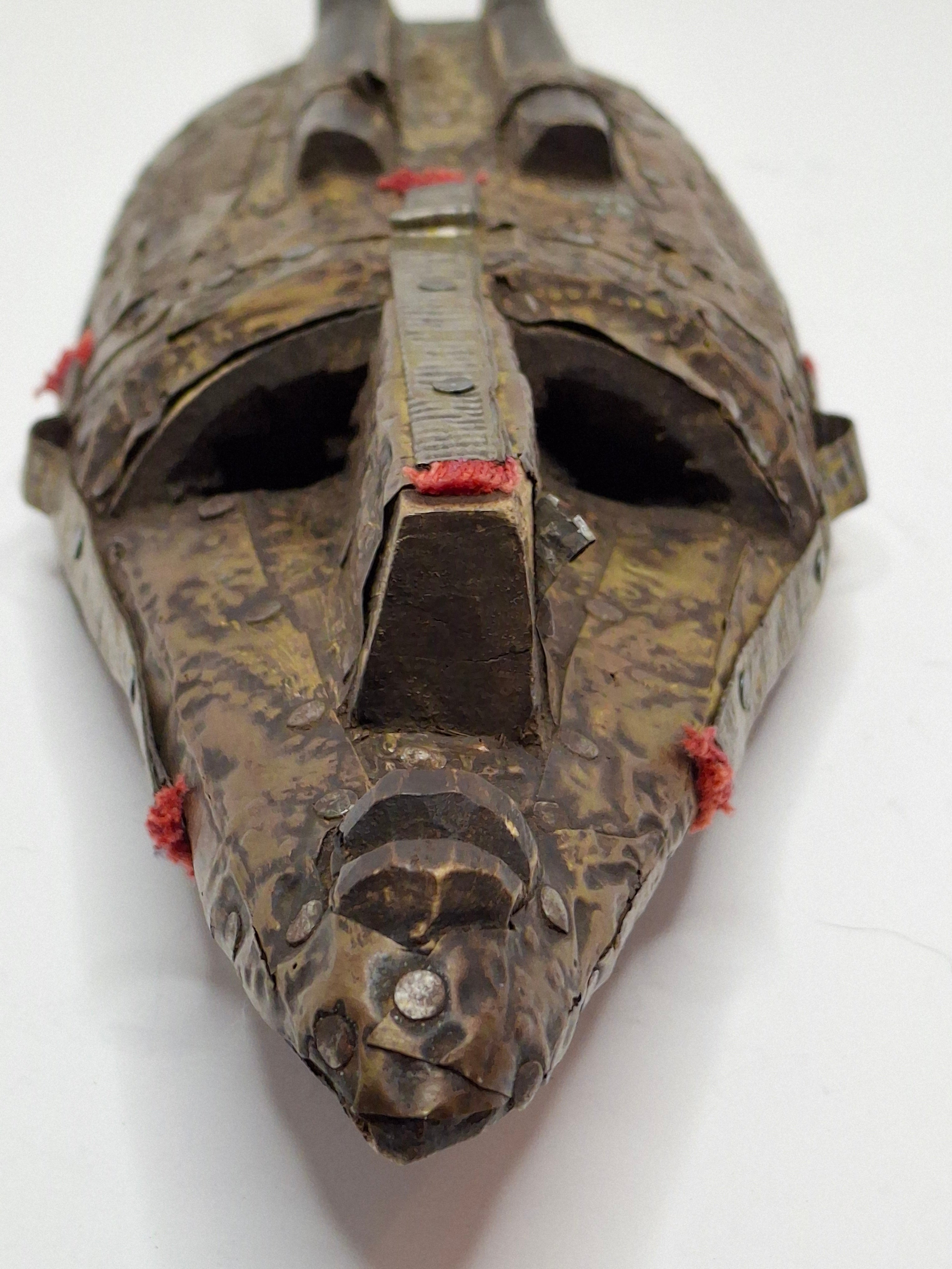 Authentic Marka African Mask Mali - Hammered Brass & Copper Over Wood - Bambara Ntomo Ritual Carving - Mid-20th Century - 10" Tribal Art