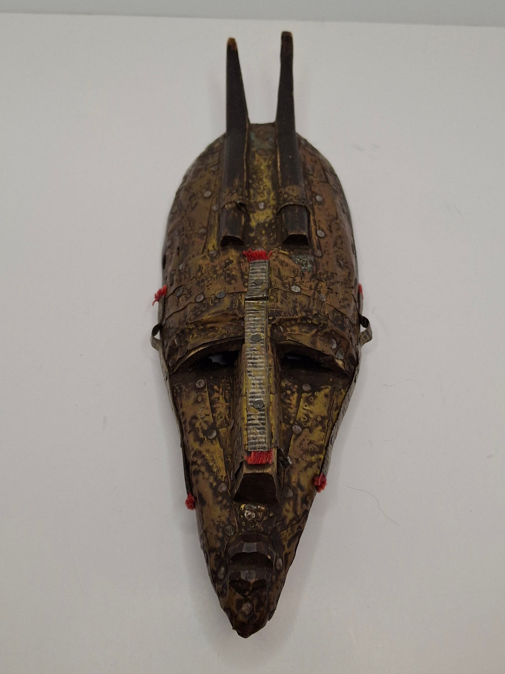 Authentic Marka African Mask Mali - Hammered Brass & Copper Over Wood - Bambara Ntomo Ritual Carving - Mid-20th Century - 10" Tribal Art