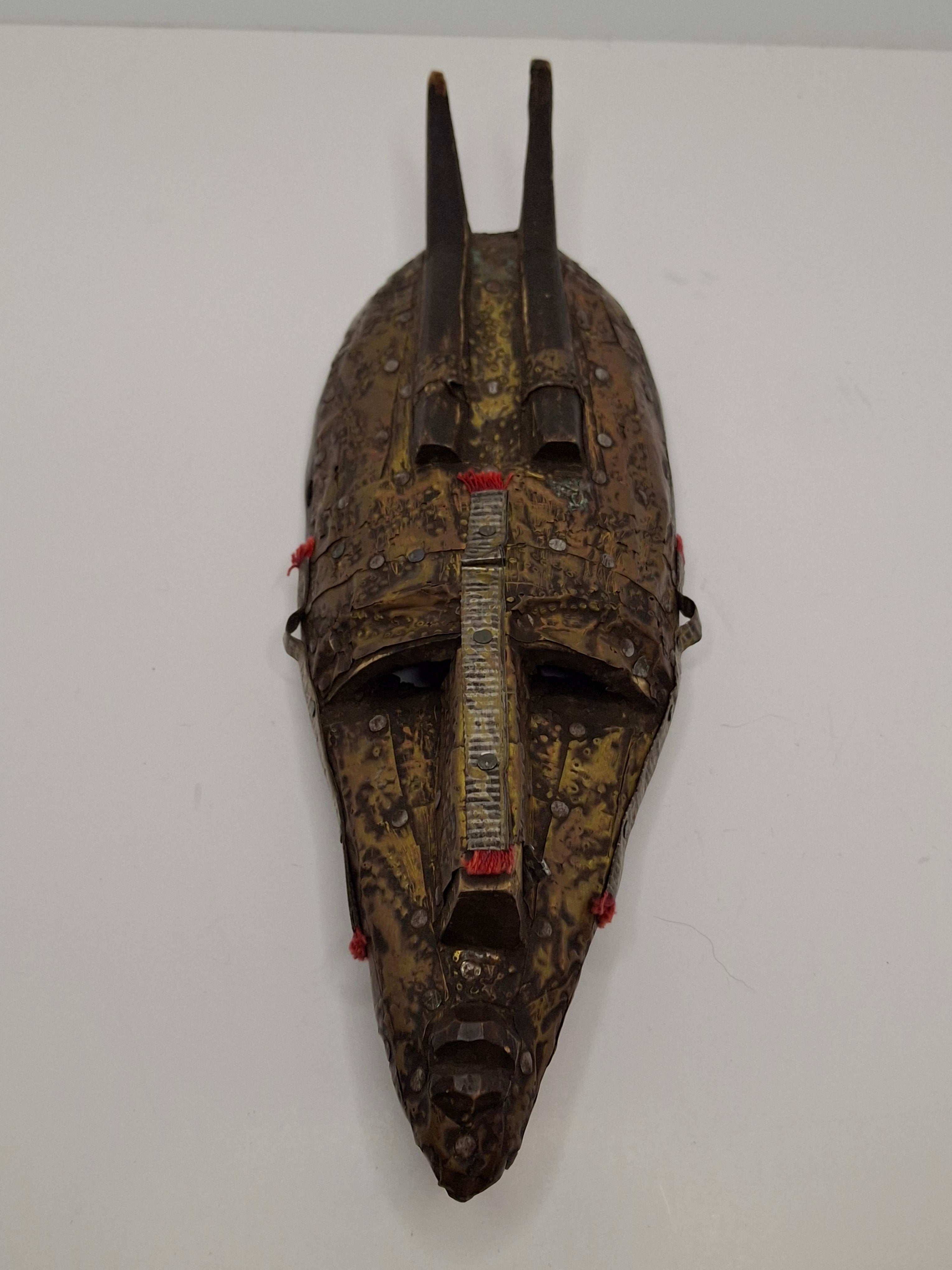Authentic Marka African Mask Mali - Hammered Brass & Copper Over Wood - Bambara Ntomo Ritual Carving - Mid-20th Century - 10" Tribal Art