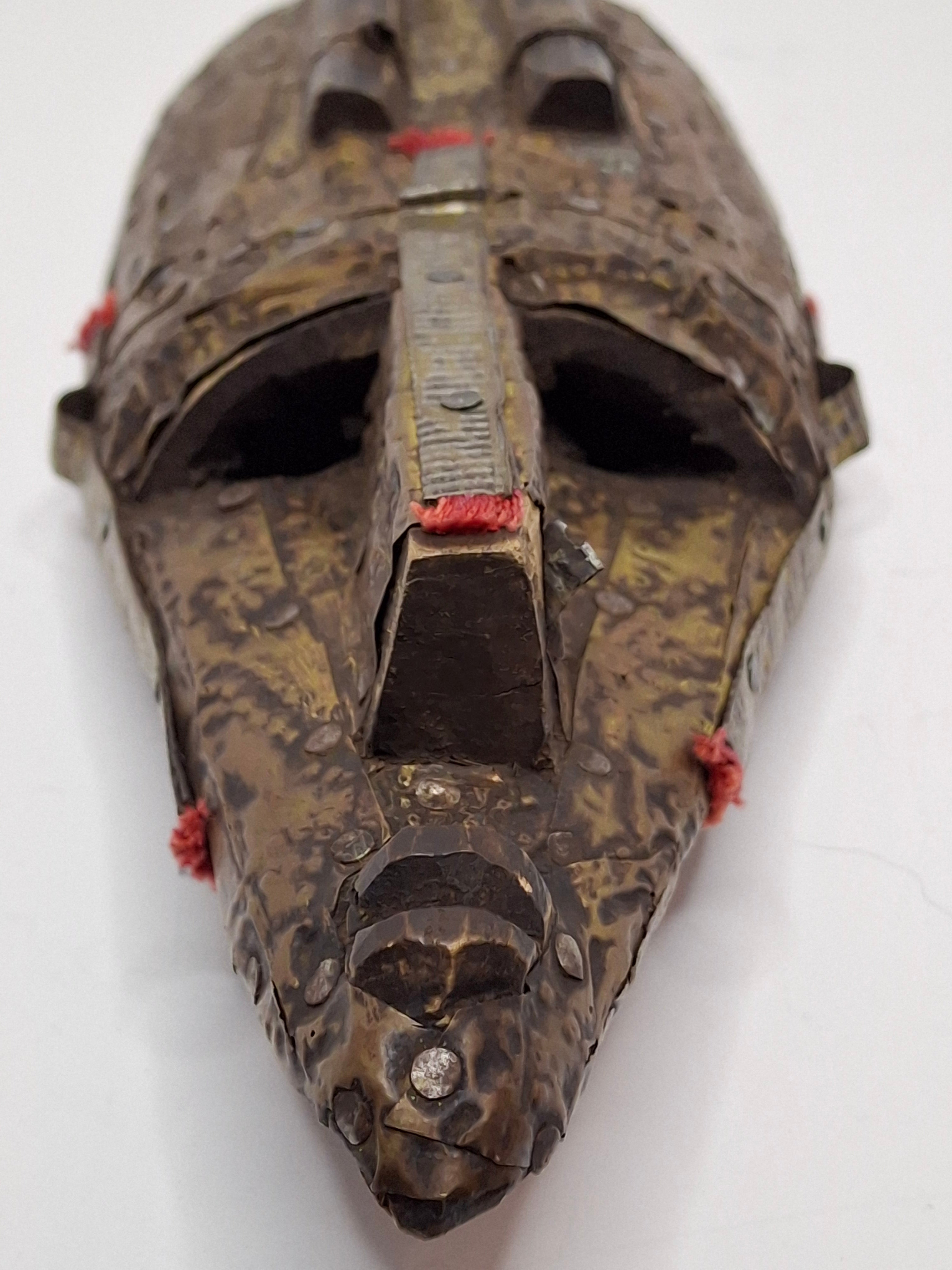 Authentic Marka African Mask Mali - Hammered Brass & Copper Over Wood - Bambara Ntomo Ritual Carving - Mid-20th Century - 10" Tribal Art