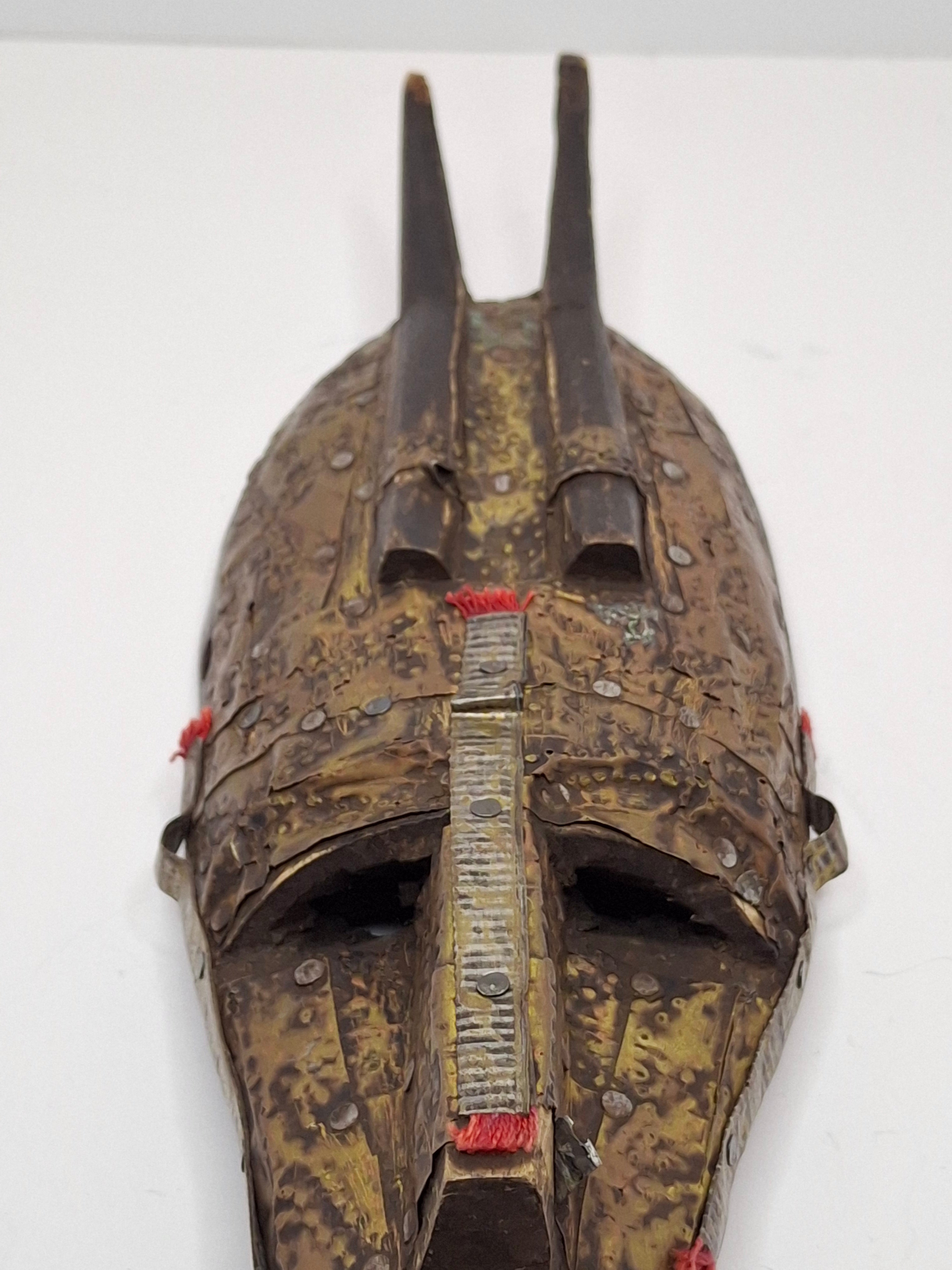 Authentic Marka African Mask Mali - Hammered Brass & Copper Over Wood - Bambara Ntomo Ritual Carving - Mid-20th Century - 10" Tribal Art
