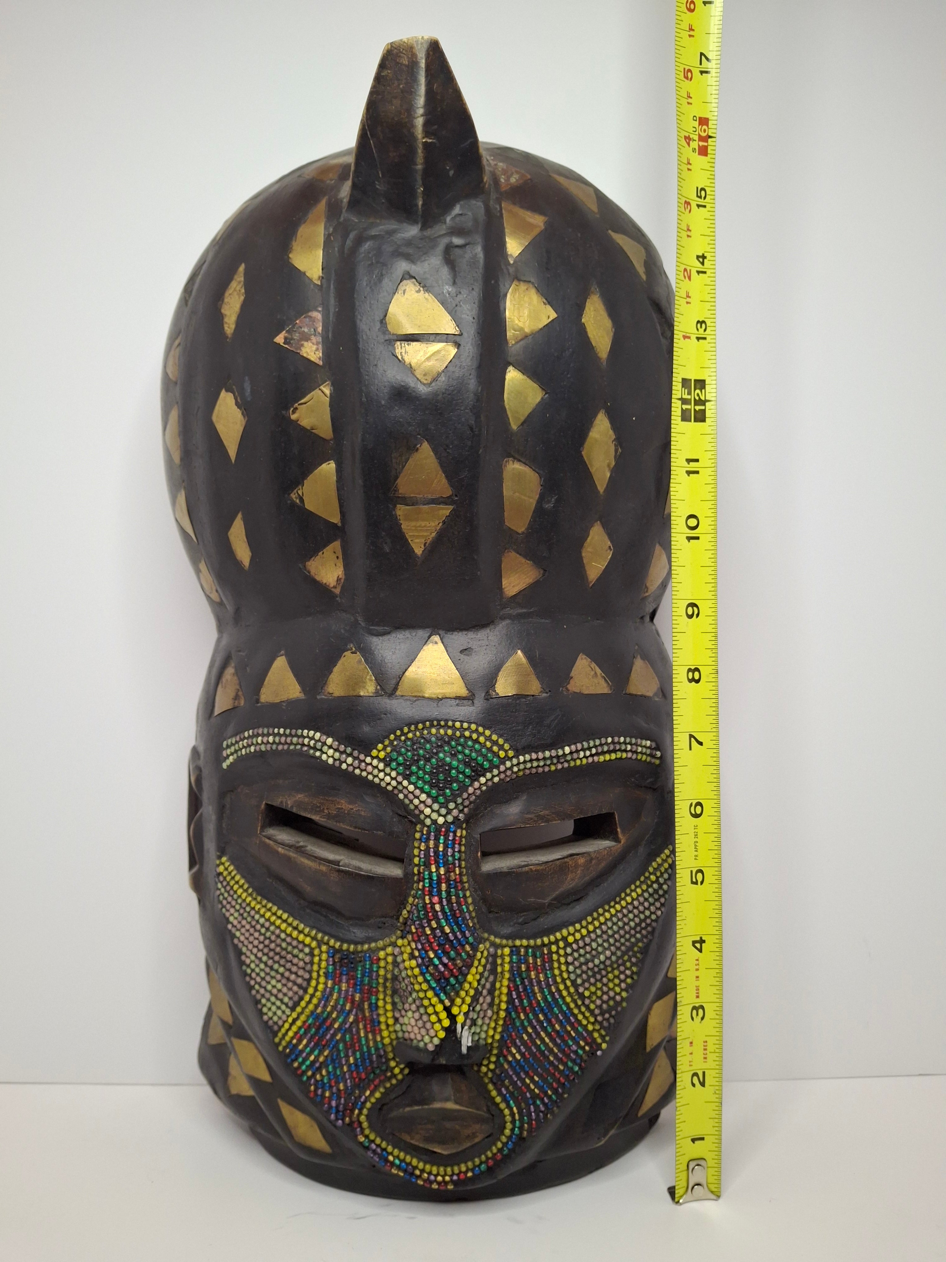 Vintage African Marka Mask Mali – Hand-Carved Wood with Brass Inlay & Beadwork – 17" Large Ritual Wall Art