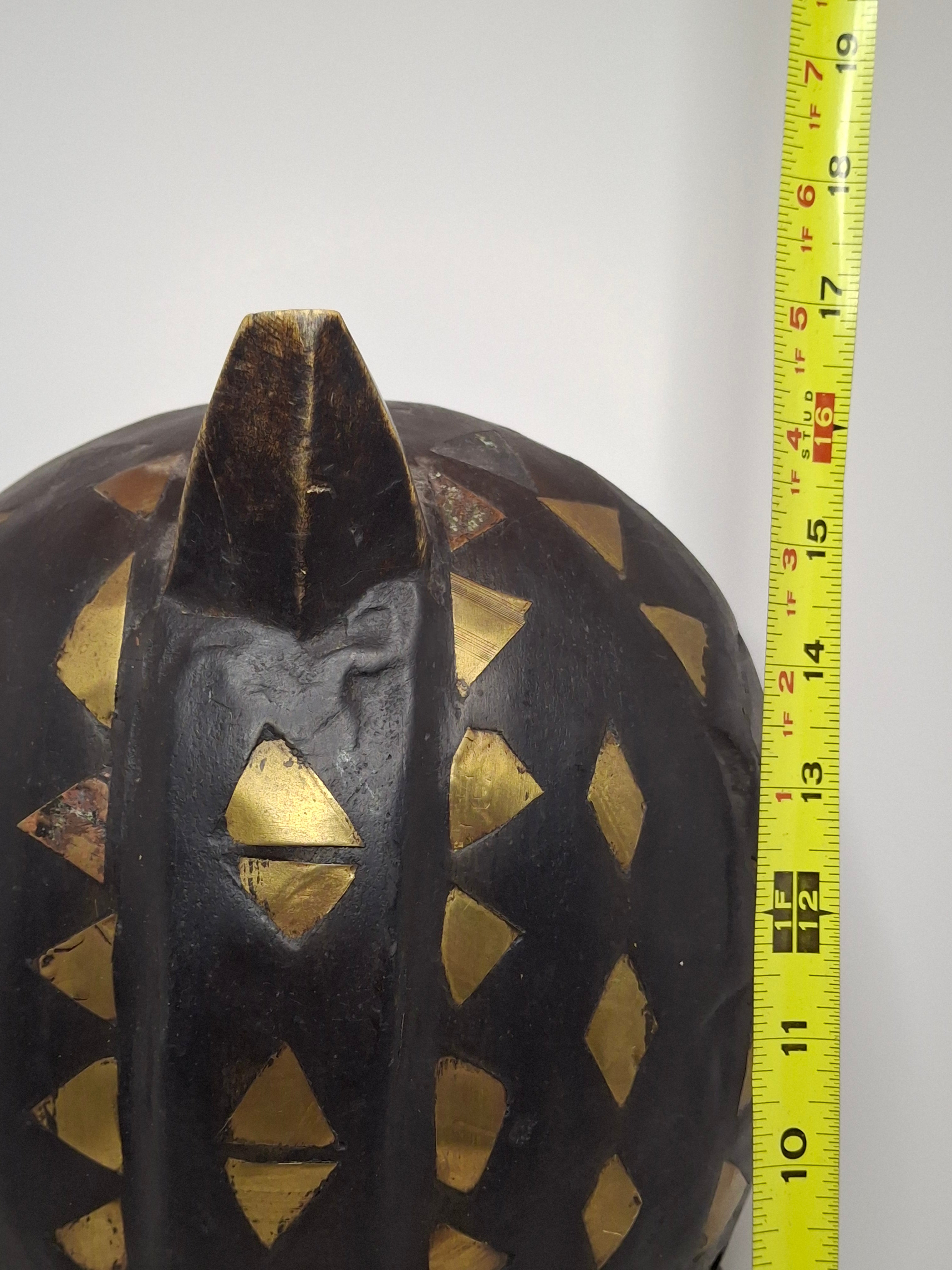 Vintage African Marka Mask Mali – Hand-Carved Wood with Brass Inlay & Beadwork – 17" Large Ritual Wall Art