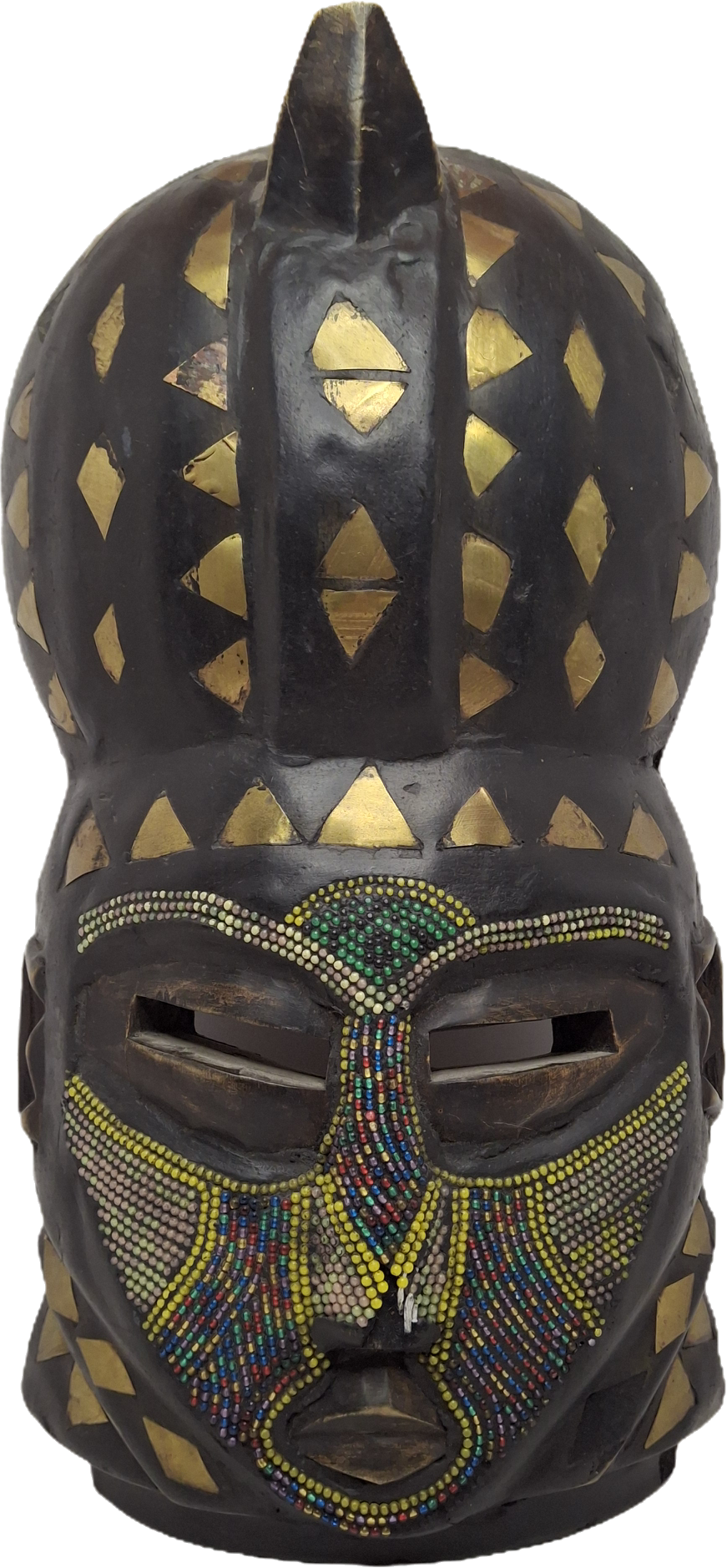 Vintage African Marka Mask Mali – Hand-Carved Wood with Brass Inlay & Beadwork – 17" Large Ritual Wall Art