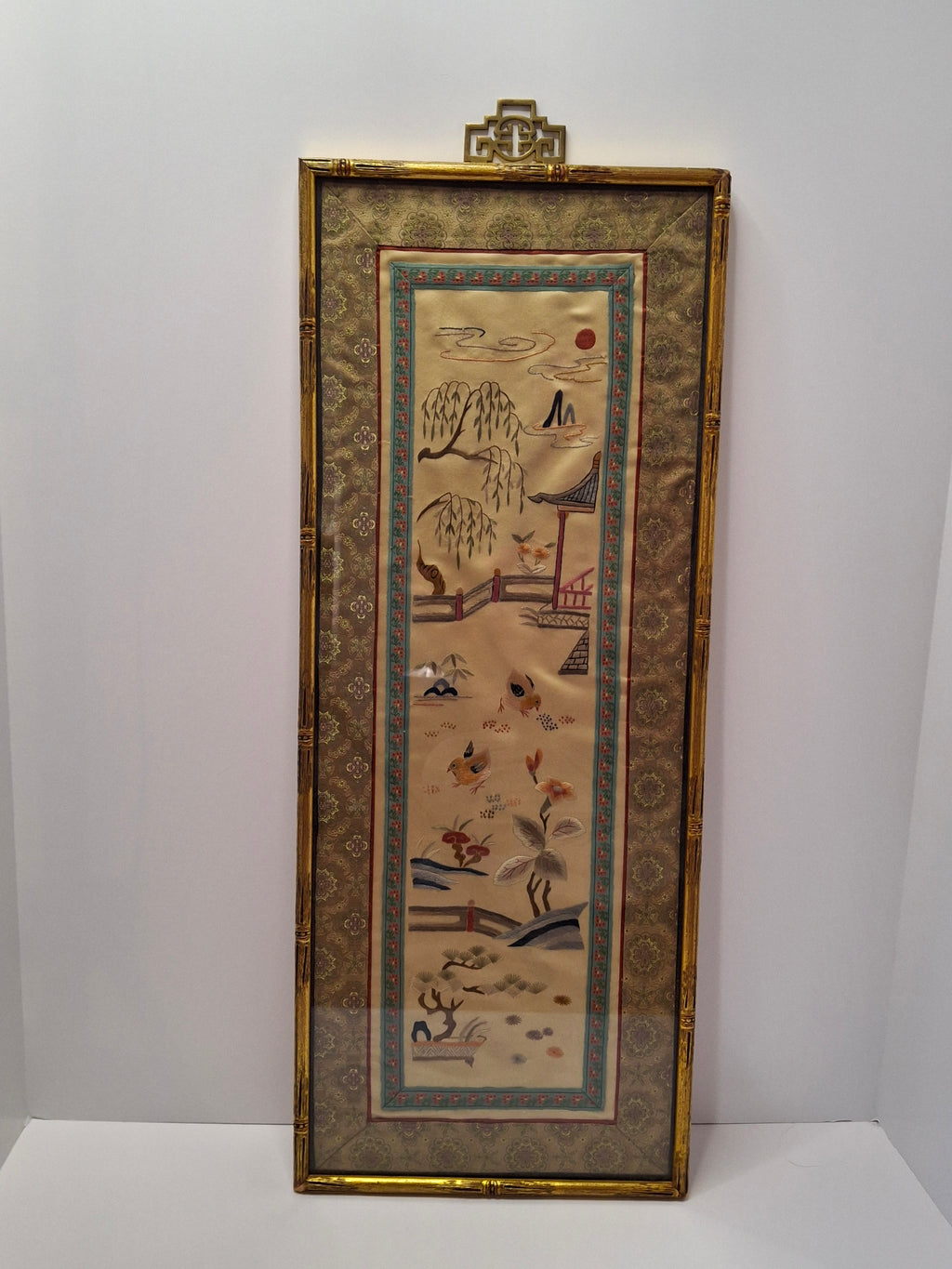 Antique Late 19th Century Chinese Silk Embroidery Panel: Birds, Peonies & Pagoda