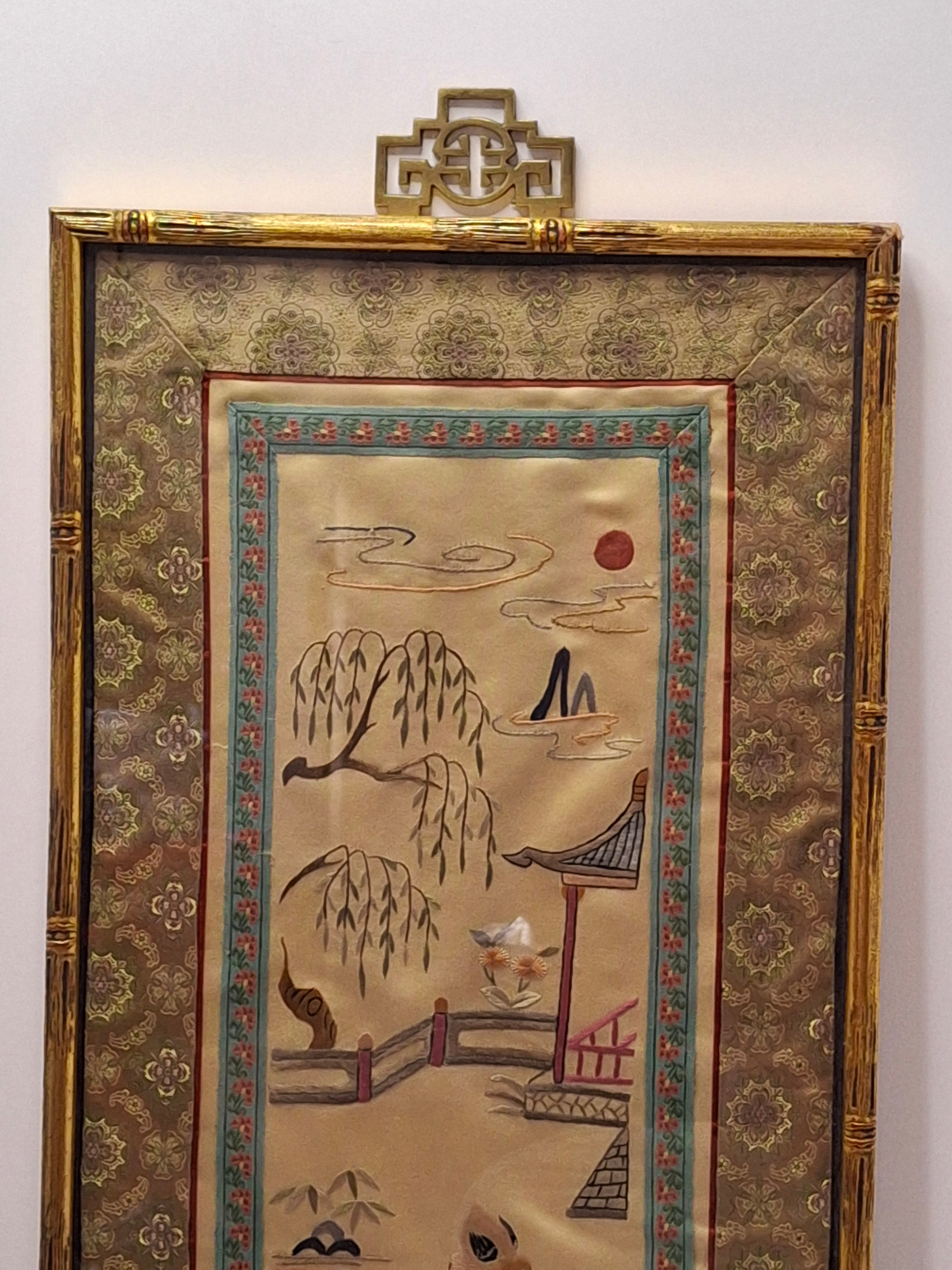 Antique Late 19th Century Chinese Silk Embroidery Panel: Birds, Peonies & Pagoda