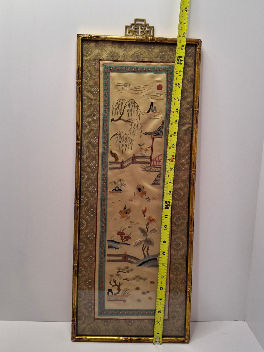 Antique Late 19th Century Chinese Silk Embroidery Panel: Birds, Peonies & Pagoda
