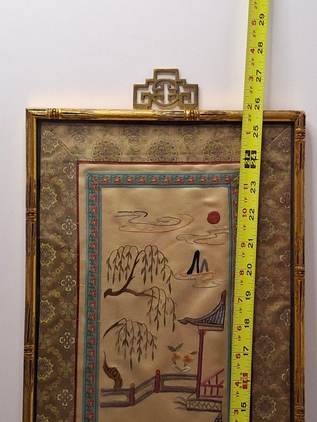 Antique Late 19th Century Chinese Silk Embroidery Panel: Birds, Peonies & Pagoda