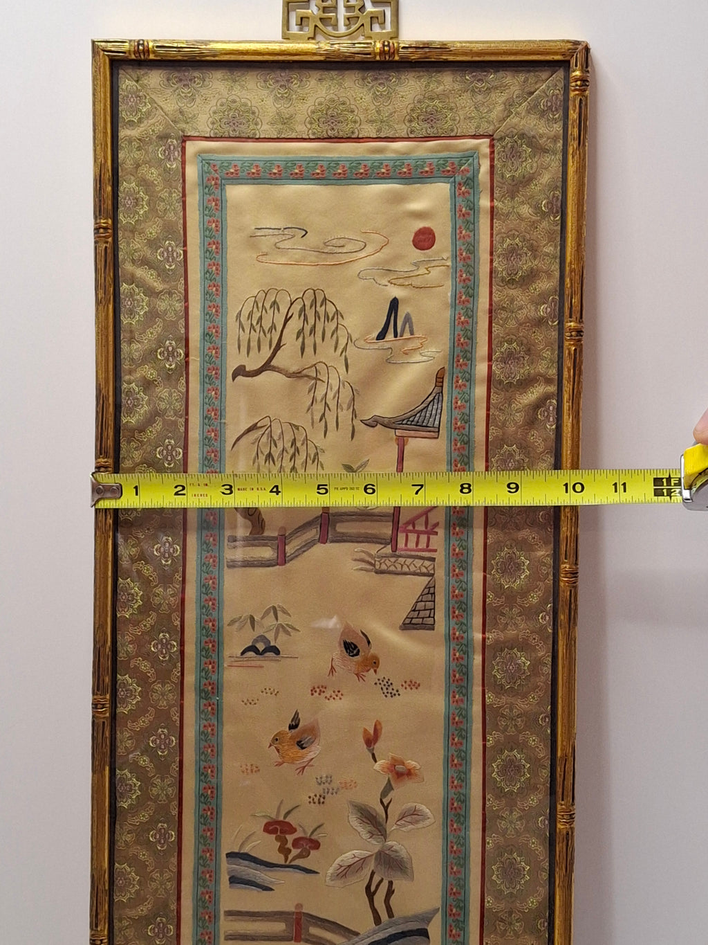 Antique Late 19th Century Chinese Silk Embroidery Panel: Birds, Peonies & Pagoda