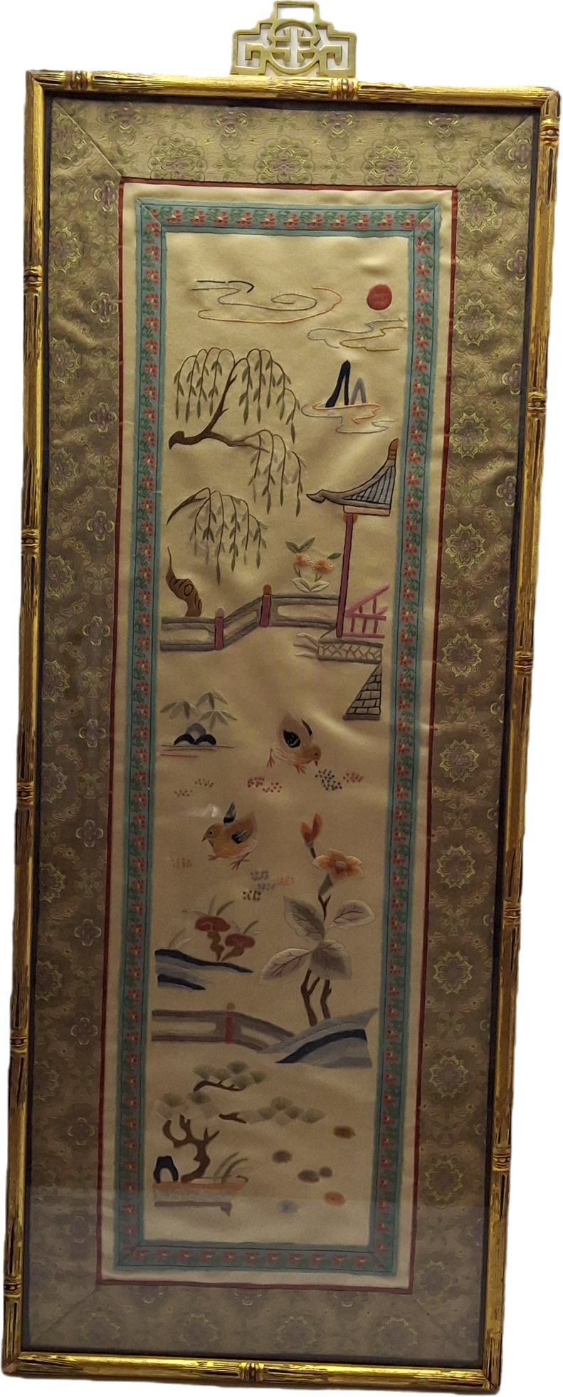 Antique Late 19th Century Chinese Silk Embroidery Panel: Birds, Peonies & Pagoda