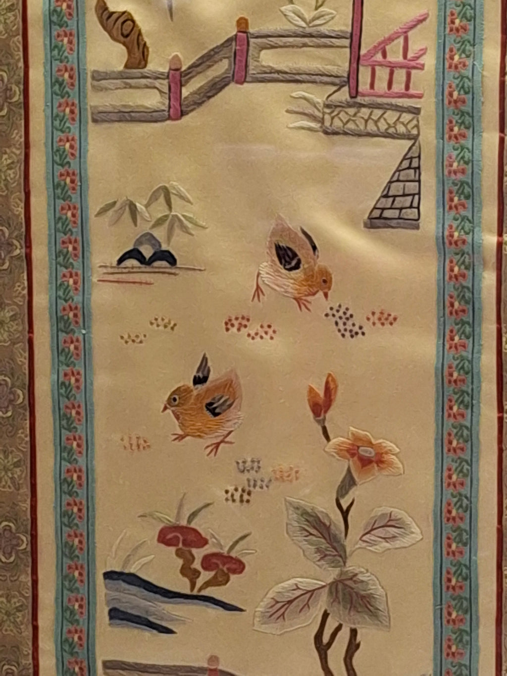 Antique Late 19th Century Chinese Silk Embroidery Panel: Birds, Peonies & Pagoda