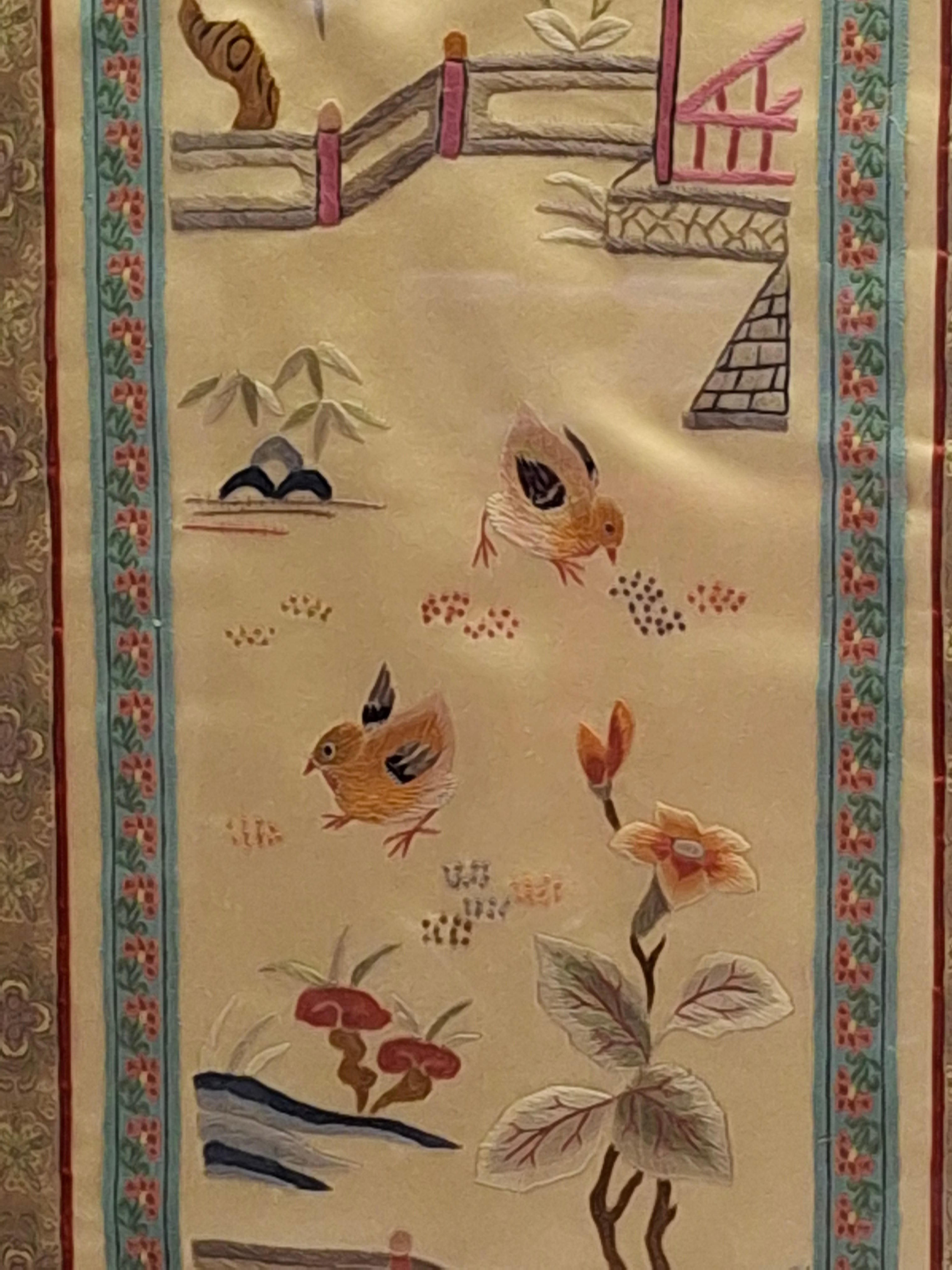 Antique Late 19th Century Chinese Silk Embroidery Panel: Birds, Peonies & Pagoda