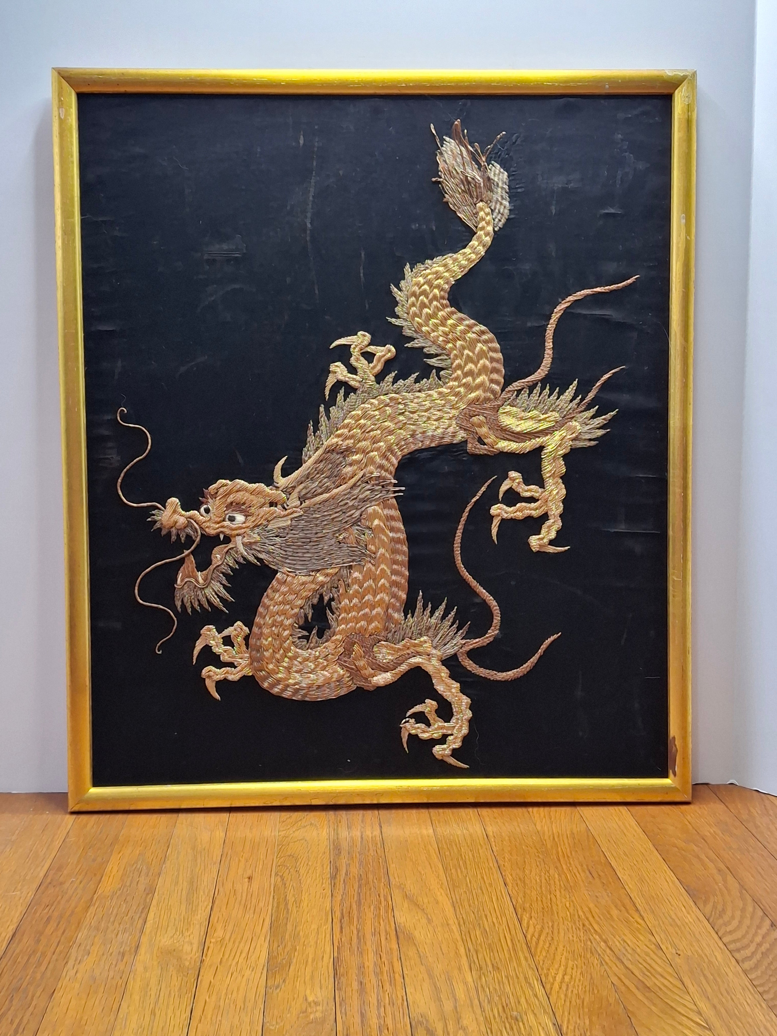 Qing Dynasty Chinese Imperial Five-Clawed Dragon Gold Thread Silk Embroidery