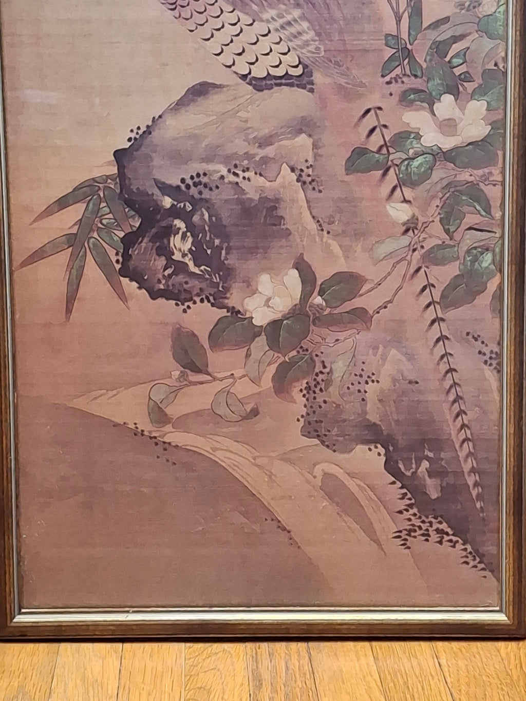 Vintage Chinese Silk Painting - Majestic Peacock Amid Bamboo & Foliage - Framed