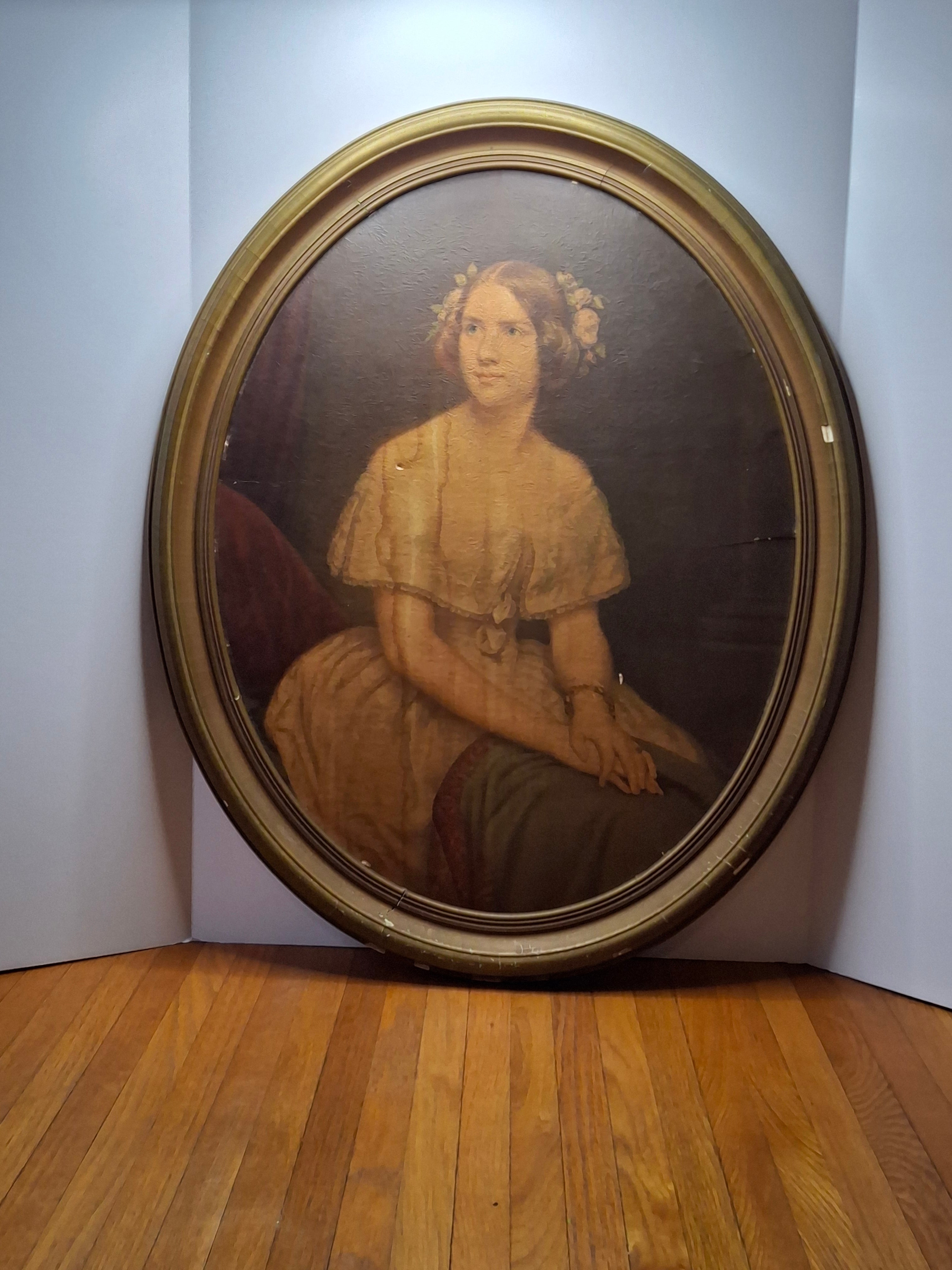 Victorian Oval Oil Portrait Painting - Young Woman Original Frame, As-Is