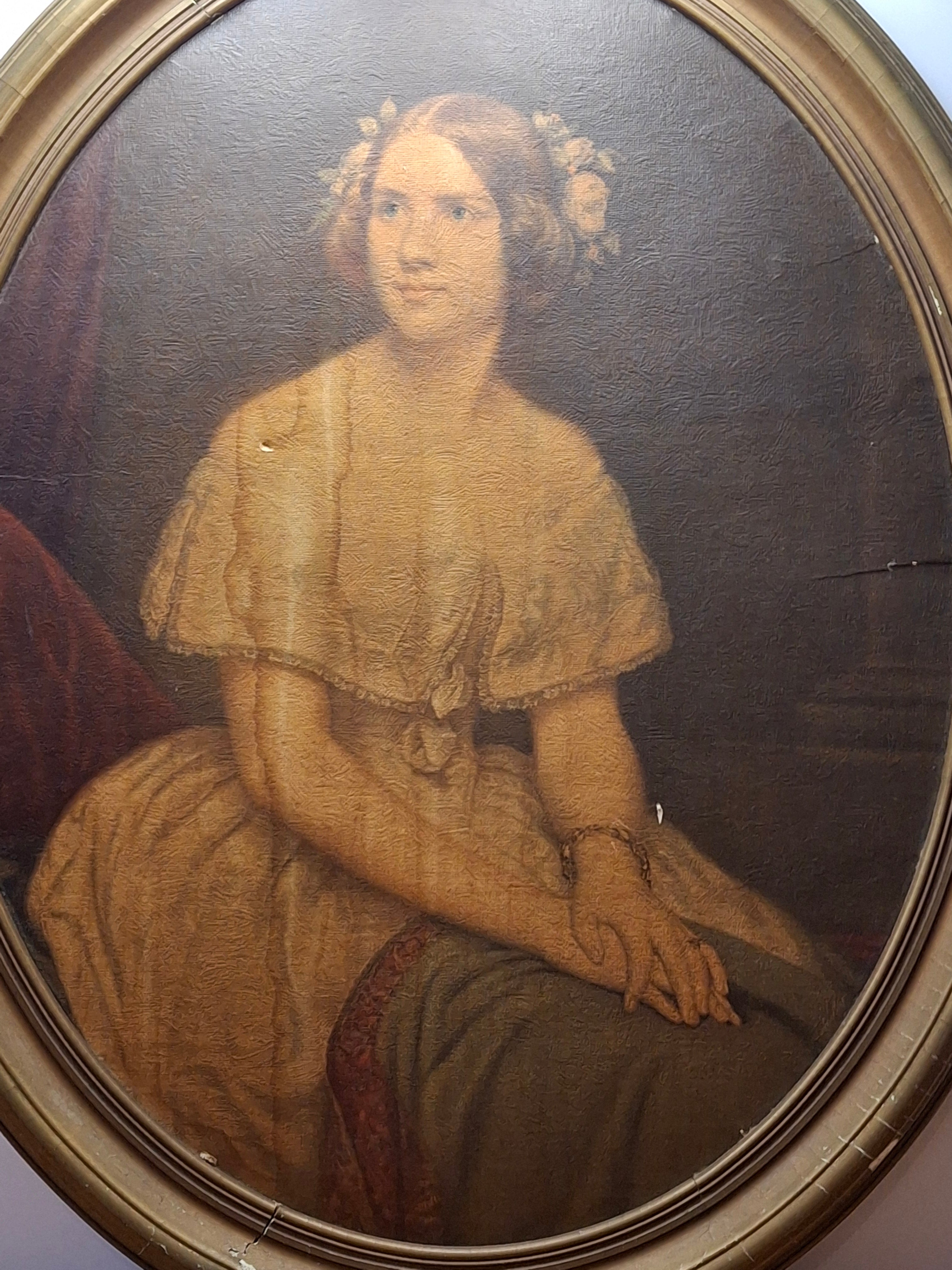 Victorian Oval Oil Portrait Painting - Young Woman Original Frame, As-Is