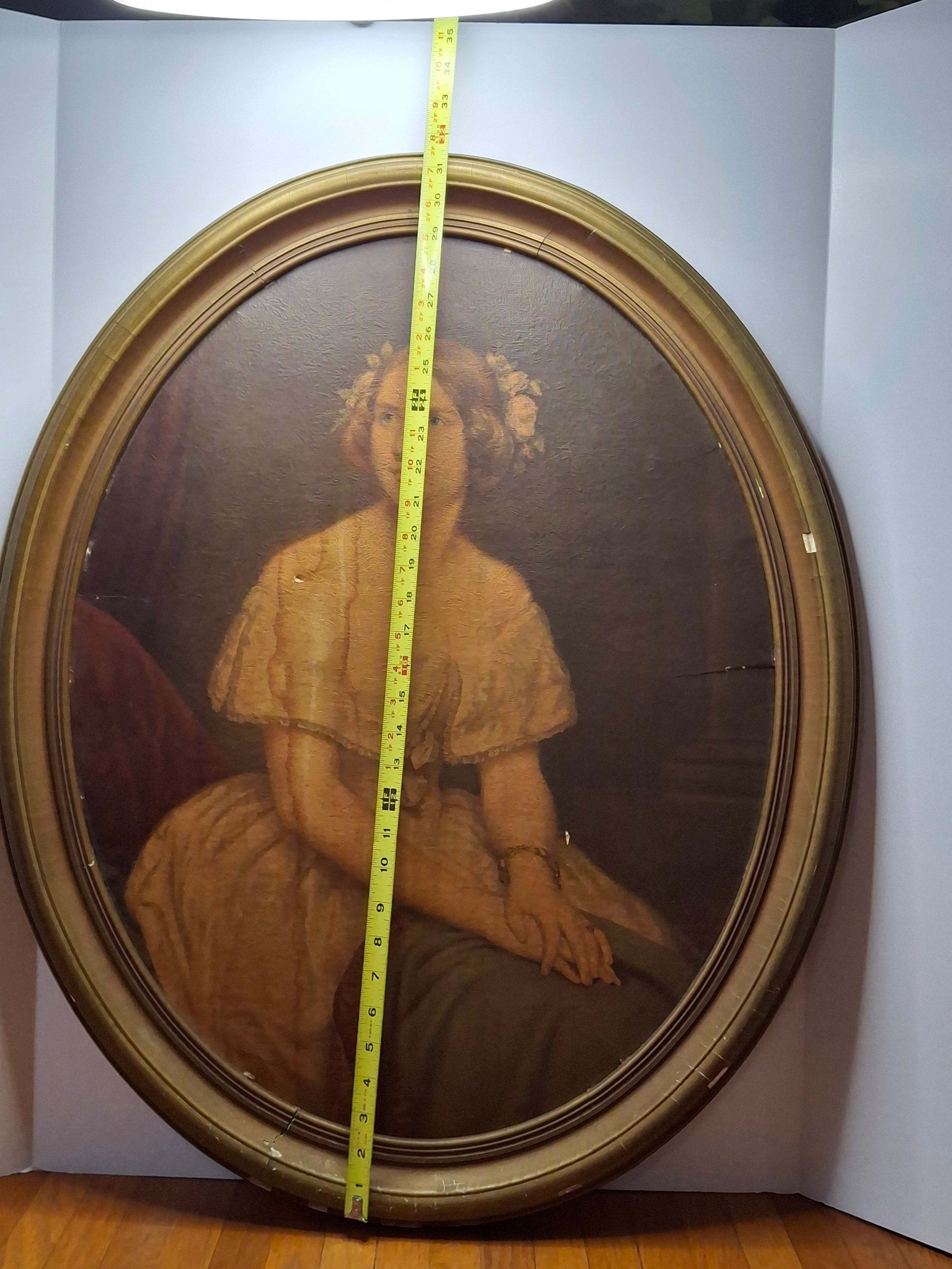 Victorian Oval Oil Portrait Painting - Young Woman Original Frame, As-Is