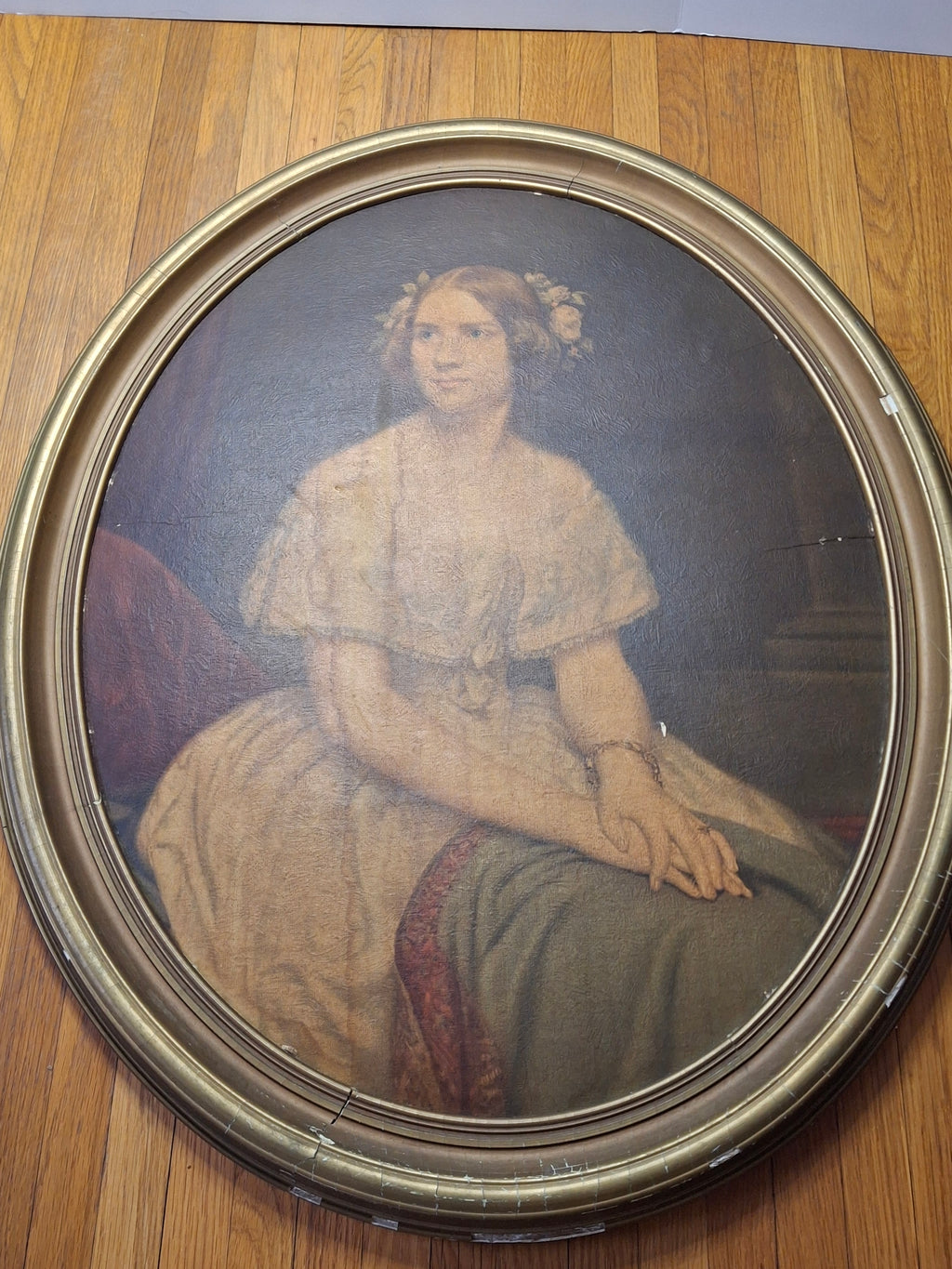 Victorian Oval Oil Portrait Painting - Young Woman Original Frame, As-Is