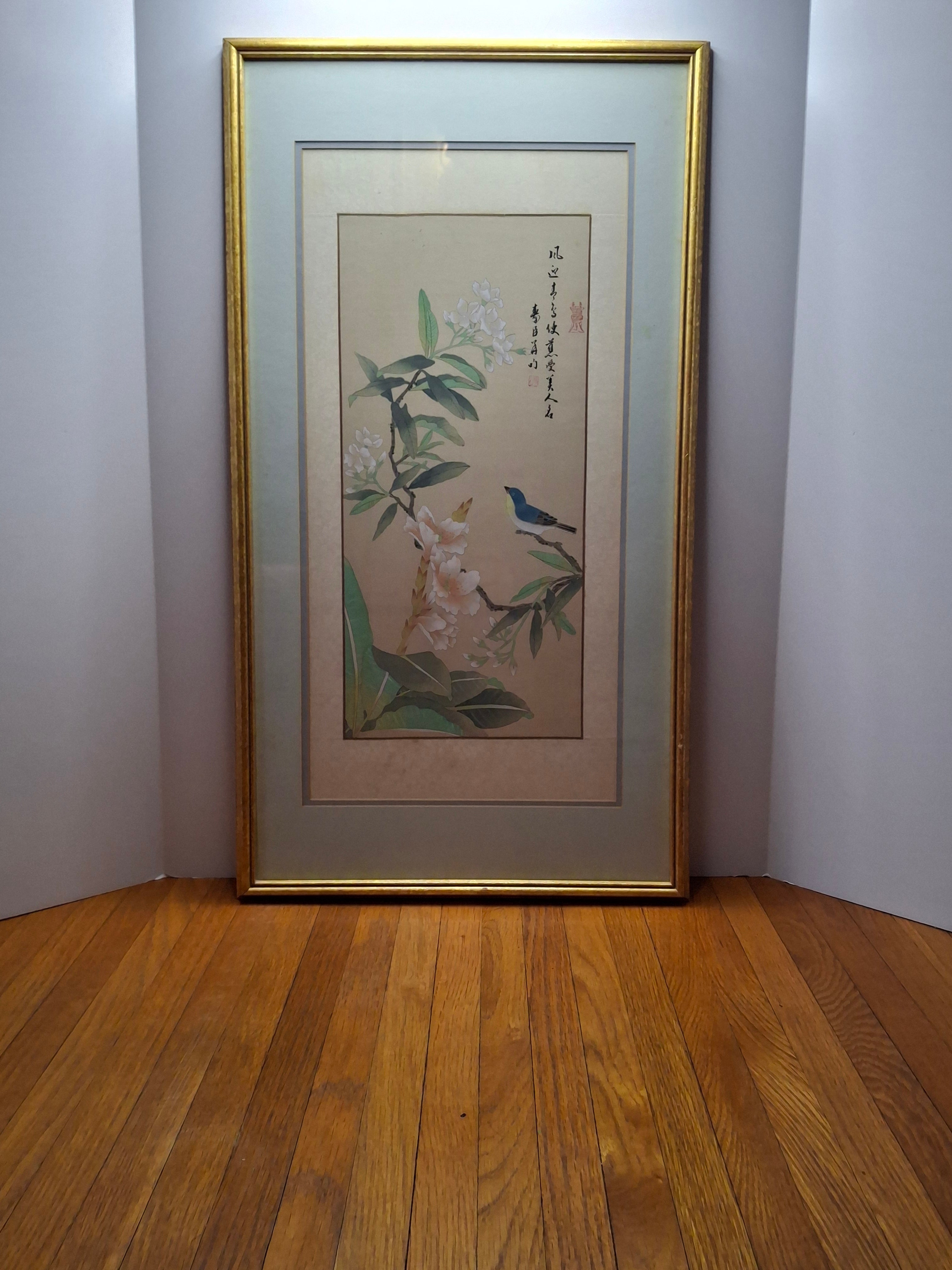 Antique 1885 Meiji-Era Japanese Kacho-e Silk Hanging Scroll: Blue Bird & Gardenia Flowers, Orchid Snow Studio Inscription, Provenance
