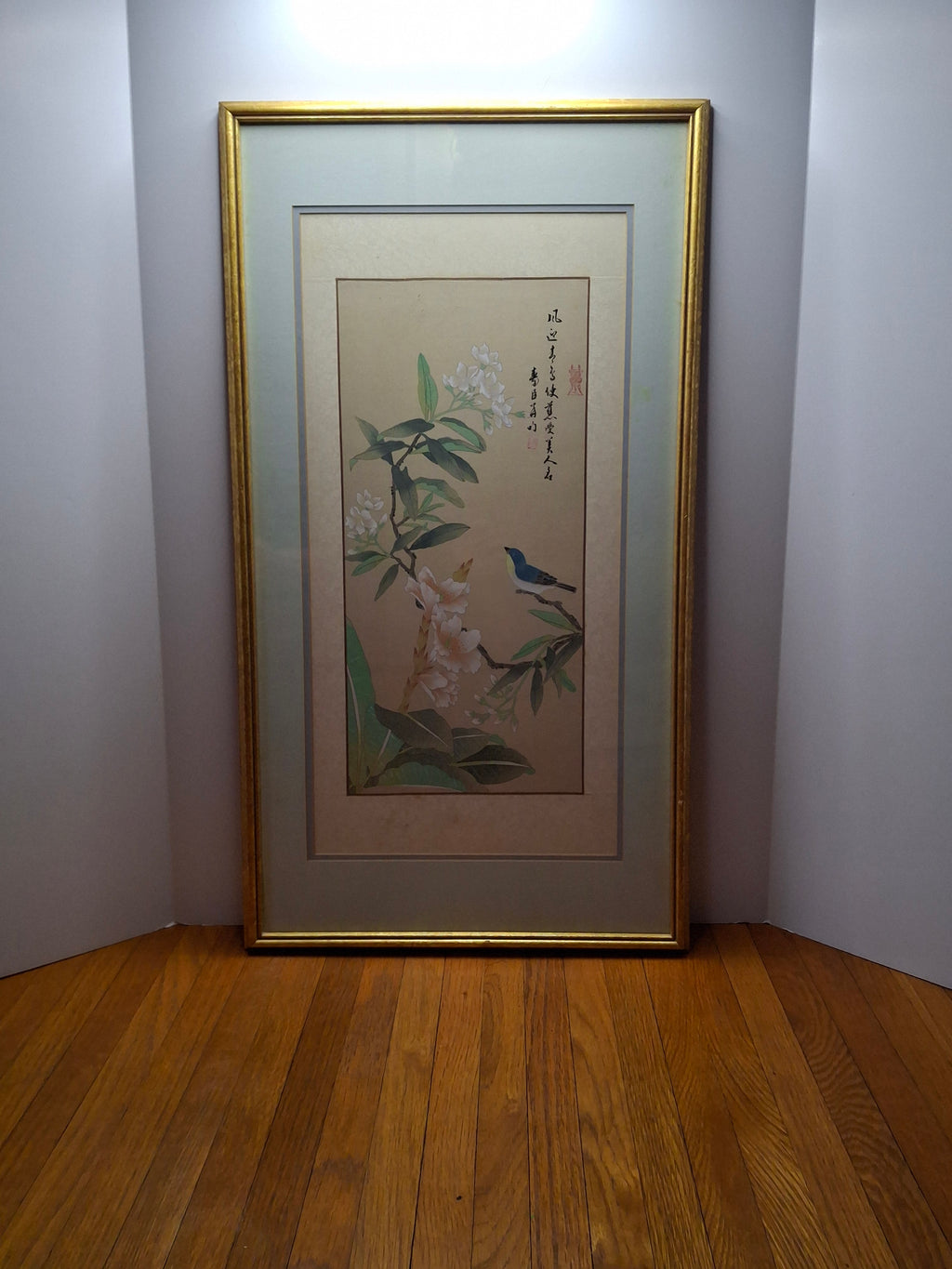Antique 1885 Meiji-Era Japanese Kacho-e Silk Hanging Scroll: Blue Bird & Gardenia Flowers, Orchid Snow Studio Inscription, Provenance