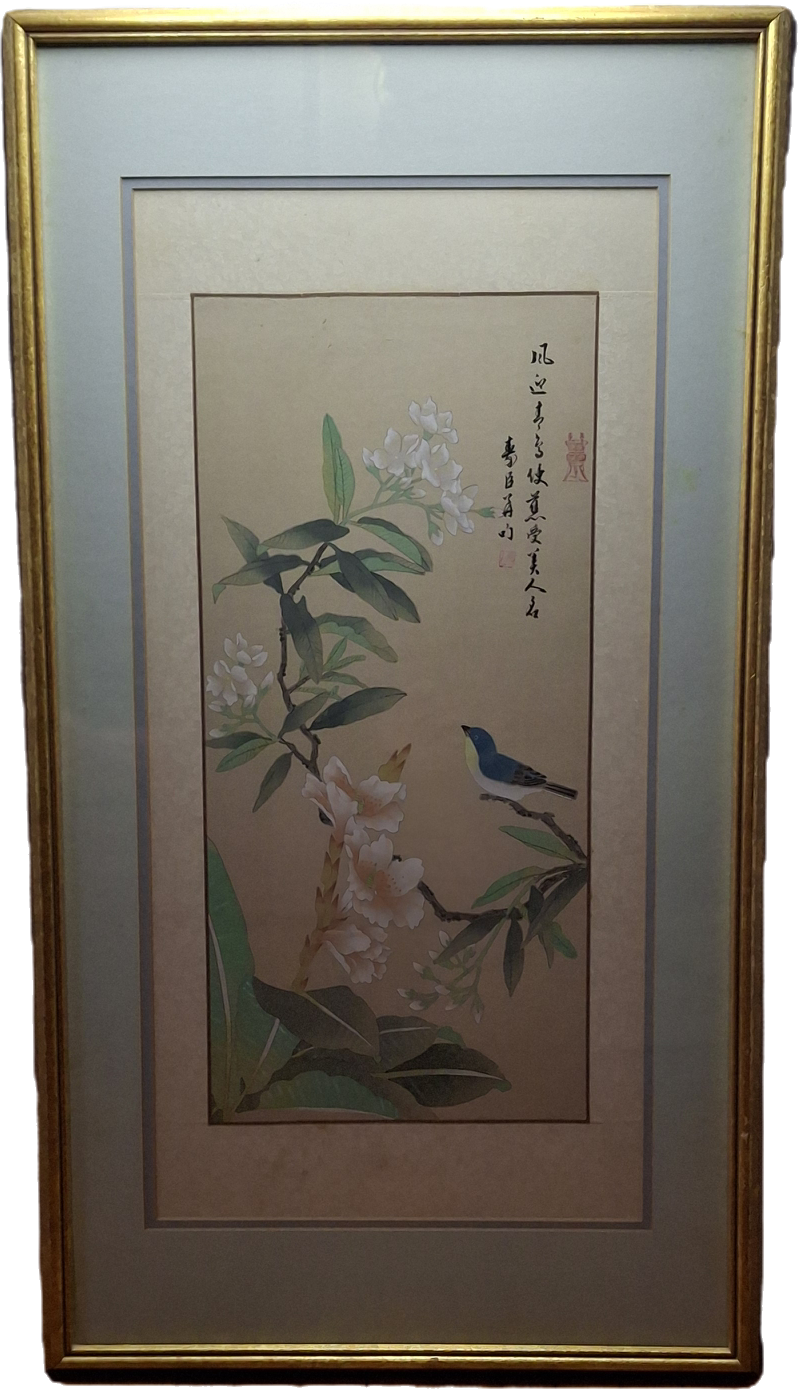 Antique 1885 Meiji-Era Japanese Kacho-e Silk Hanging Scroll: Blue Bird & Gardenia Flowers, Orchid Snow Studio Inscription, Provenance