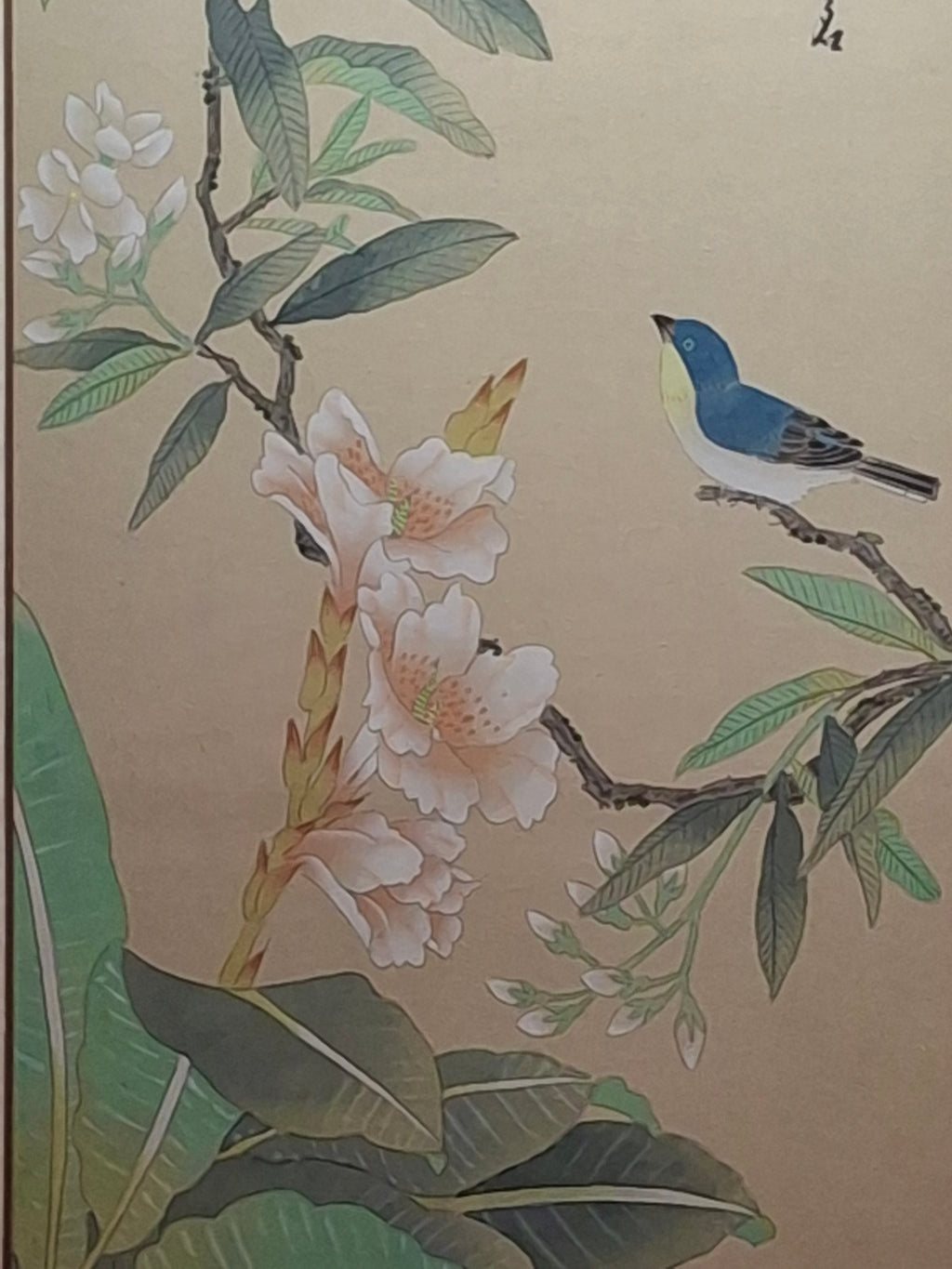 Antique 1885 Meiji-Era Japanese Kacho-e Silk Hanging Scroll: Blue Bird & Gardenia Flowers, Orchid Snow Studio Inscription, Provenance