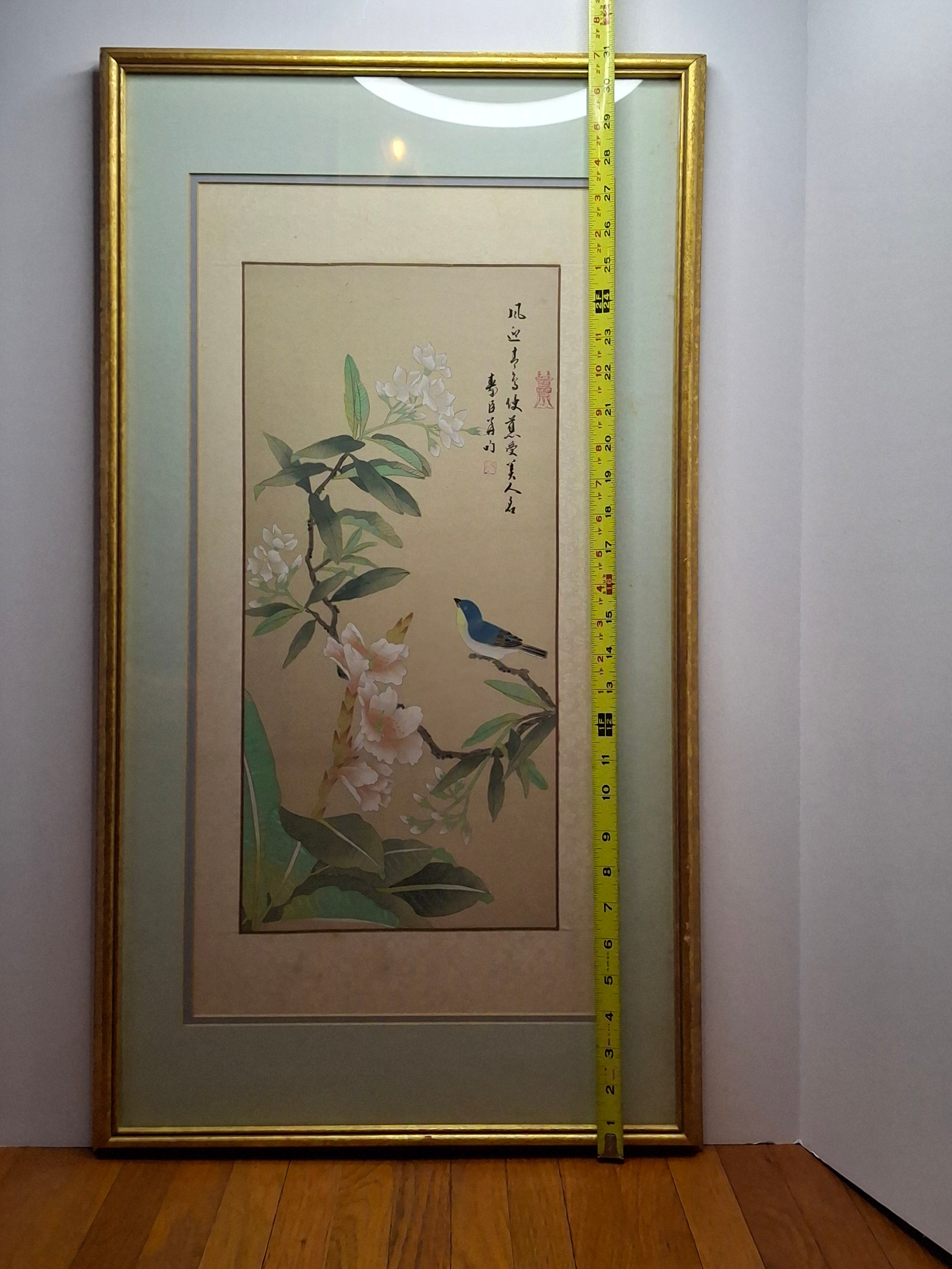 Antique 1885 Meiji-Era Japanese Kacho-e Silk Hanging Scroll: Blue Bird & Gardenia Flowers, Orchid Snow Studio Inscription, Provenance