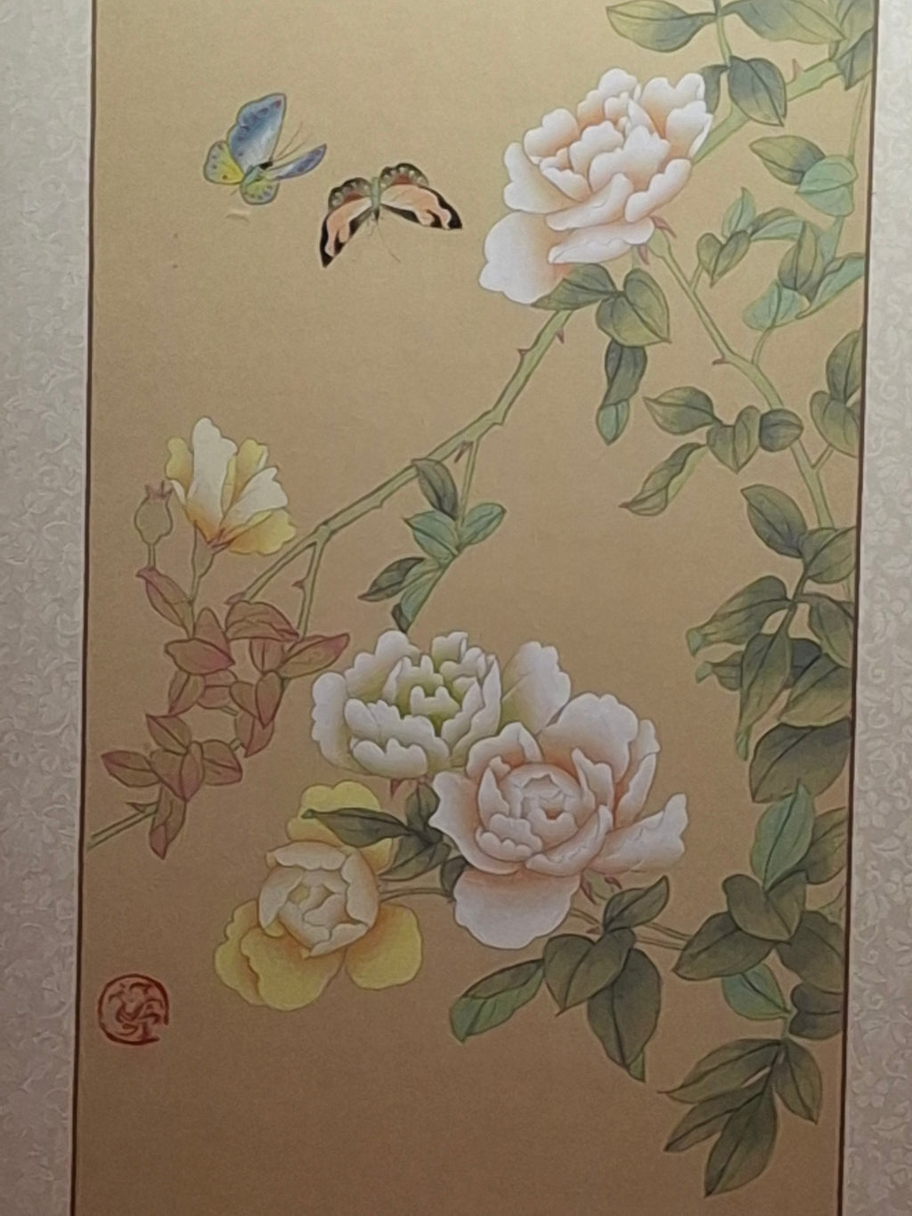 Chinese Republic Era Silk Painting: Peonies & Butterflies Calligraphy Red Seal