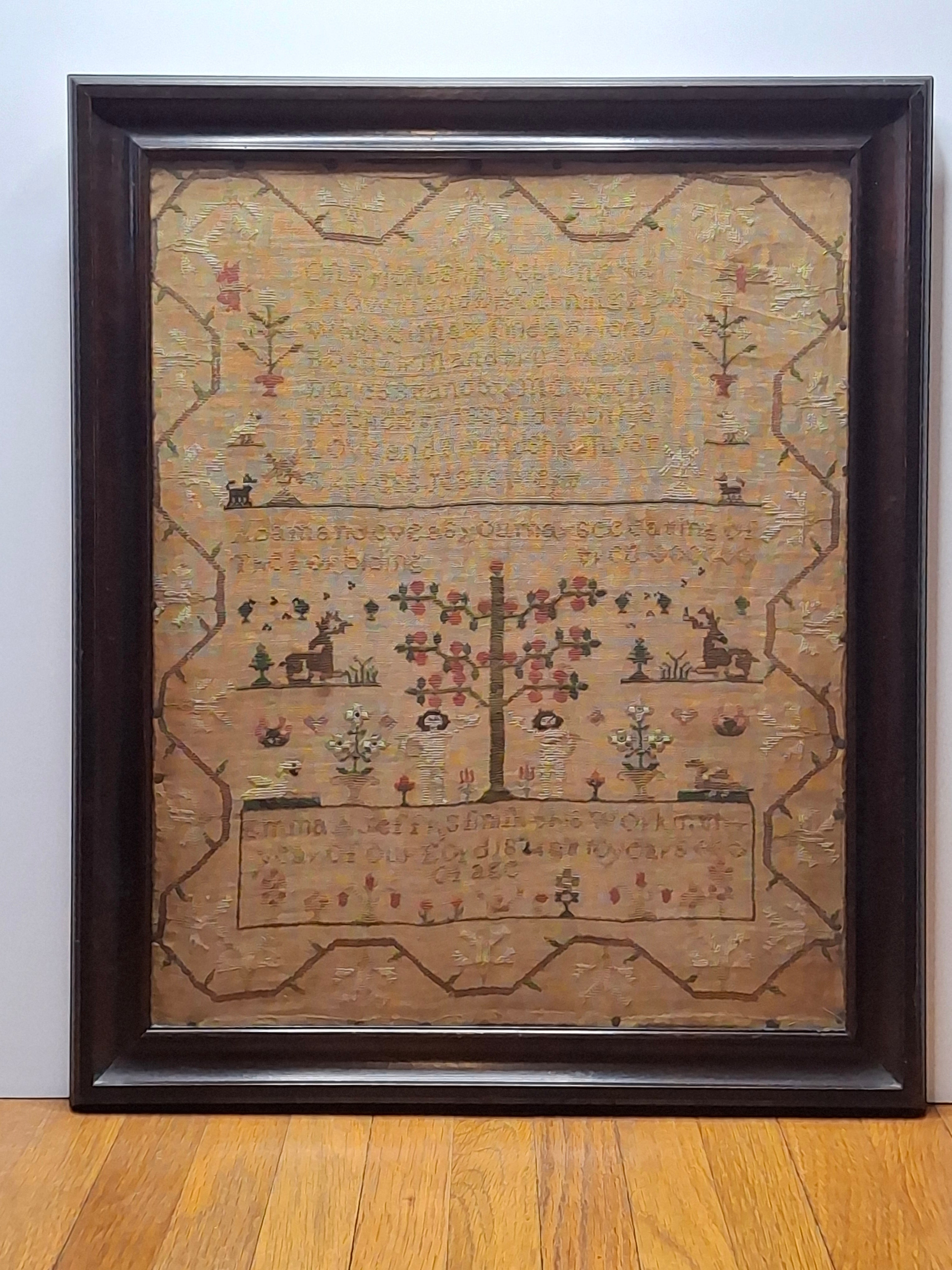 Antique 1824 Needlework Sampler Adam & Eve Emma Jeff Age 10 Folk Art 19th C