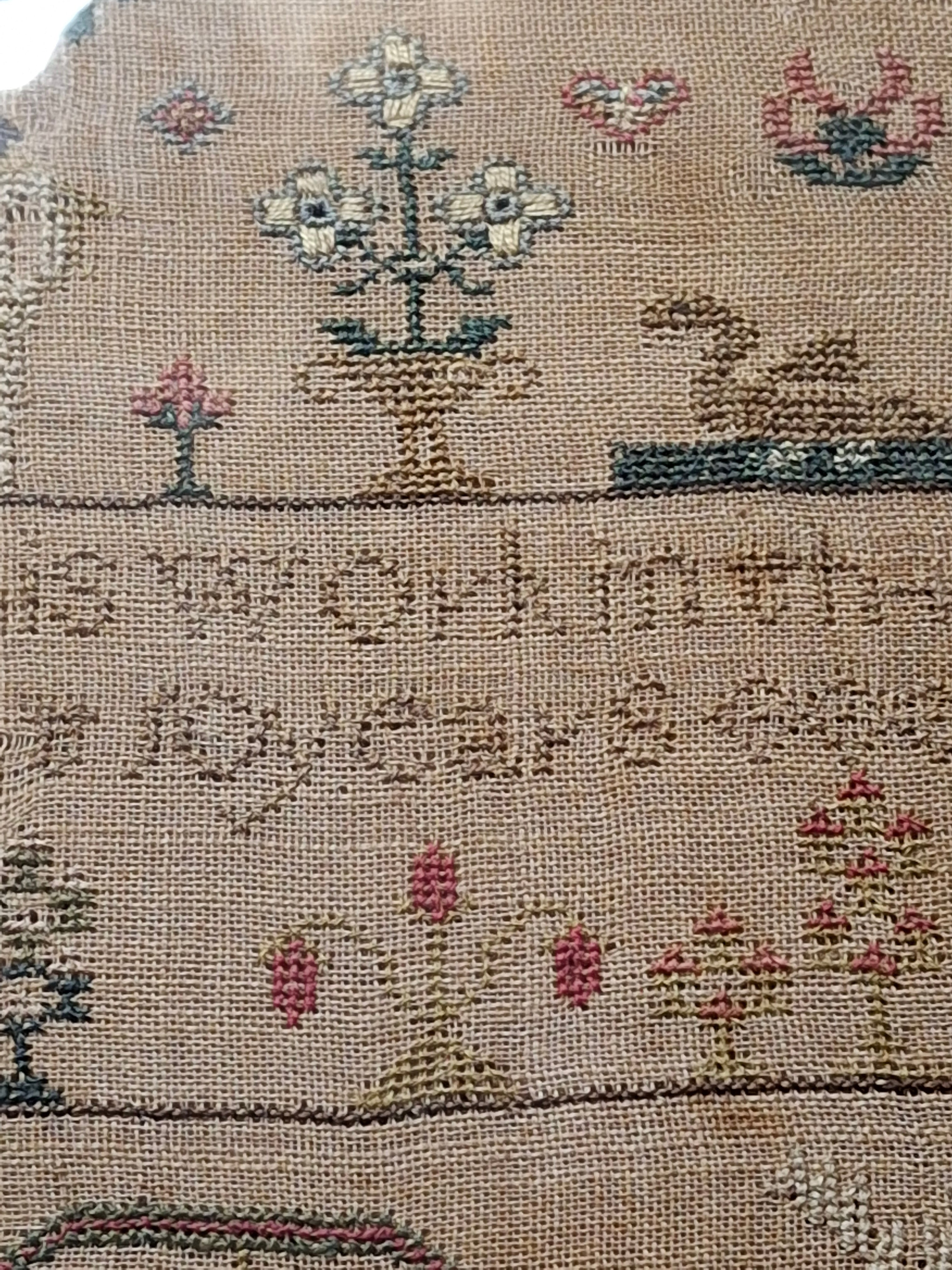 Antique 1824 Needlework Sampler Adam & Eve Emma Jeff Age 10 Folk Art 19th C
