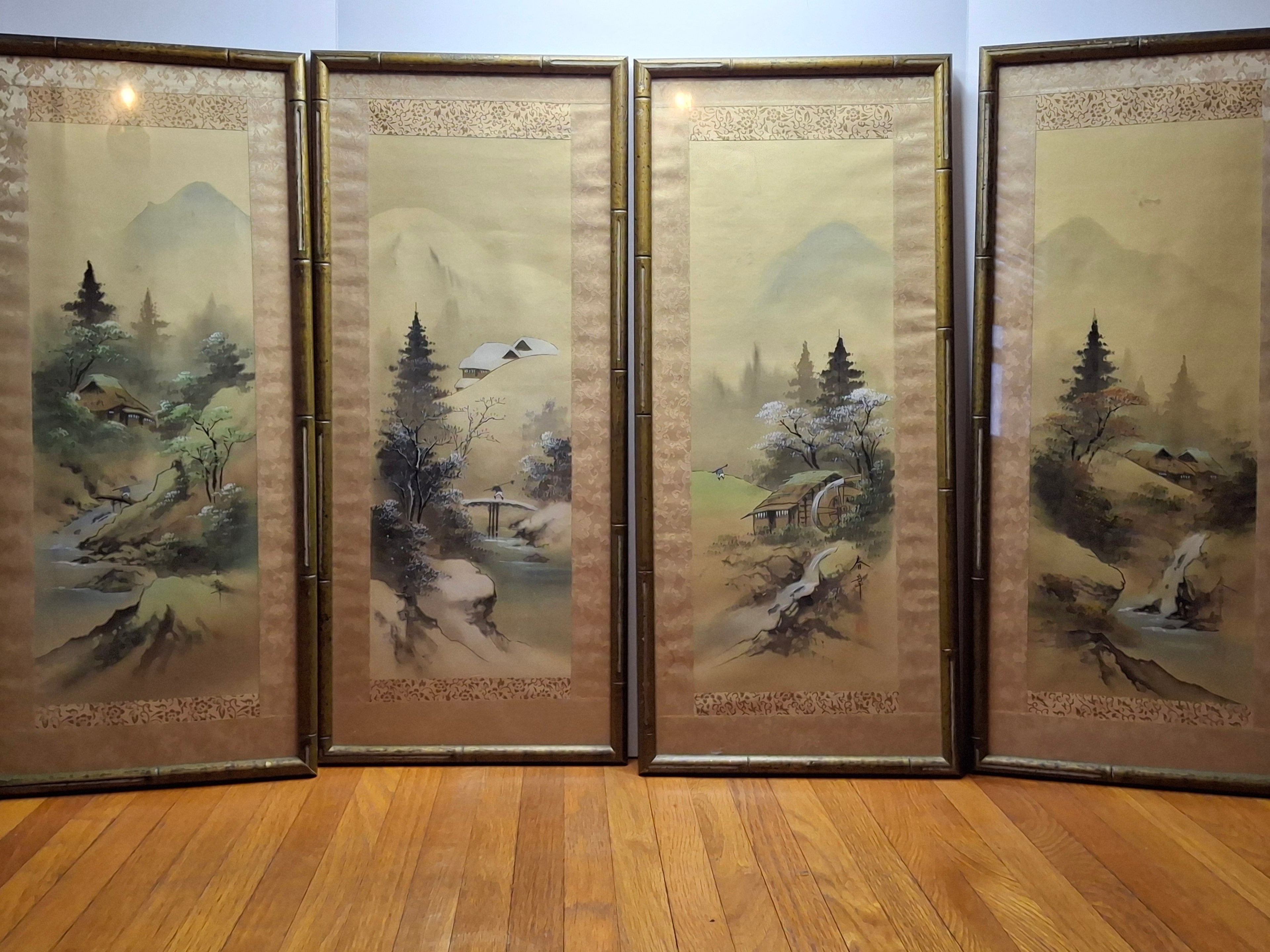 Mid-20th Century Japanese Four Seasons Silk Ink Wash Panels Set by Sanzo Wada - Signed Sanzō with Red Seals, Framed Bamboo Gilt (27" x 12" Each)