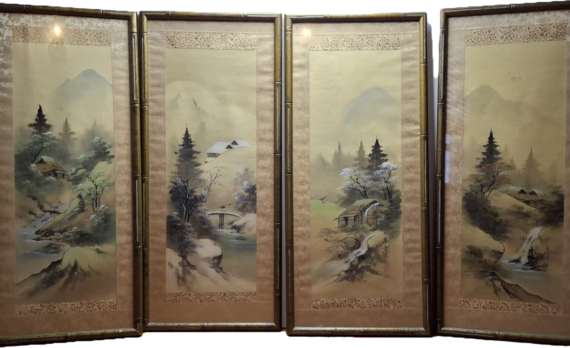 Mid-20th Century Japanese Four Seasons Silk Ink Wash Panels Set by Sanzo Wada - Signed Sanzō with Red Seals, Framed Bamboo Gilt (27" x 12" Each)