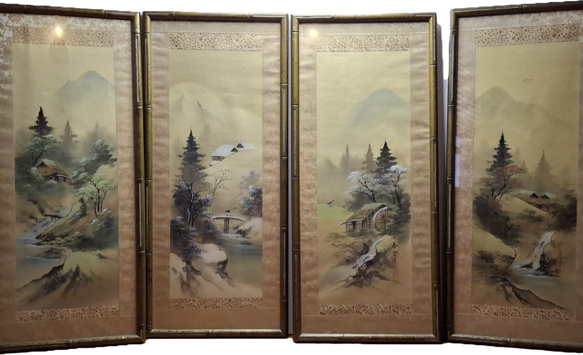 Mid-20th Century Japanese Four Seasons Silk Ink Wash Panels Set by Sanzo Wada - Signed Sanzō with Red Seals, Framed Bamboo Gilt (27" x 12" Each)