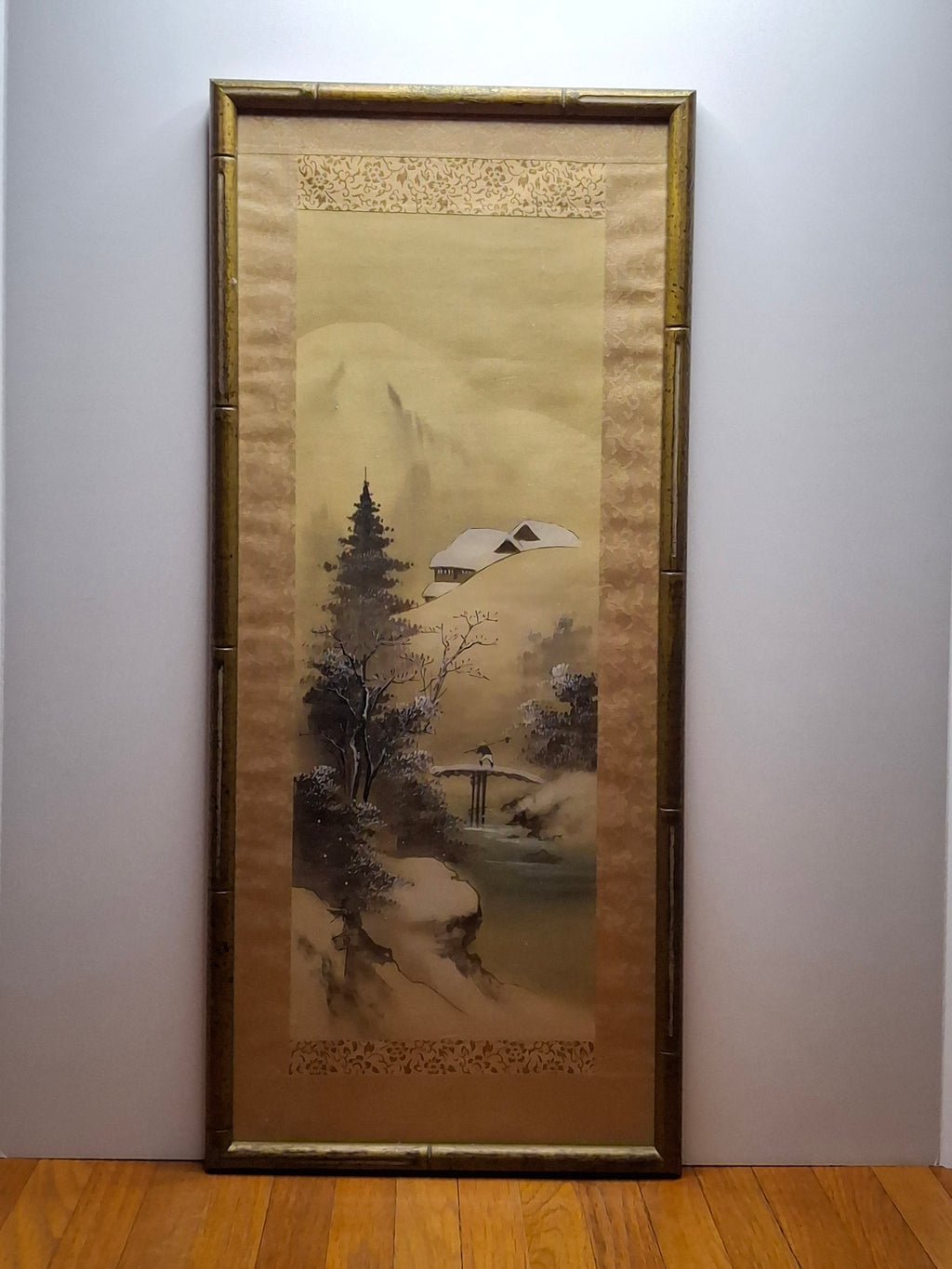 Mid-20th Century Japanese Four Seasons Silk Ink Wash Panels Set by Sanzo Wada - Signed Sanzō with Red Seals, Framed Bamboo Gilt (27" x 12" Each)