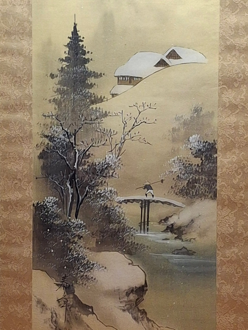 Mid-20th Century Japanese Four Seasons Silk Ink Wash Panels Set by Sanzo Wada - Signed Sanzō with Red Seals, Framed Bamboo Gilt (27" x 12" Each)