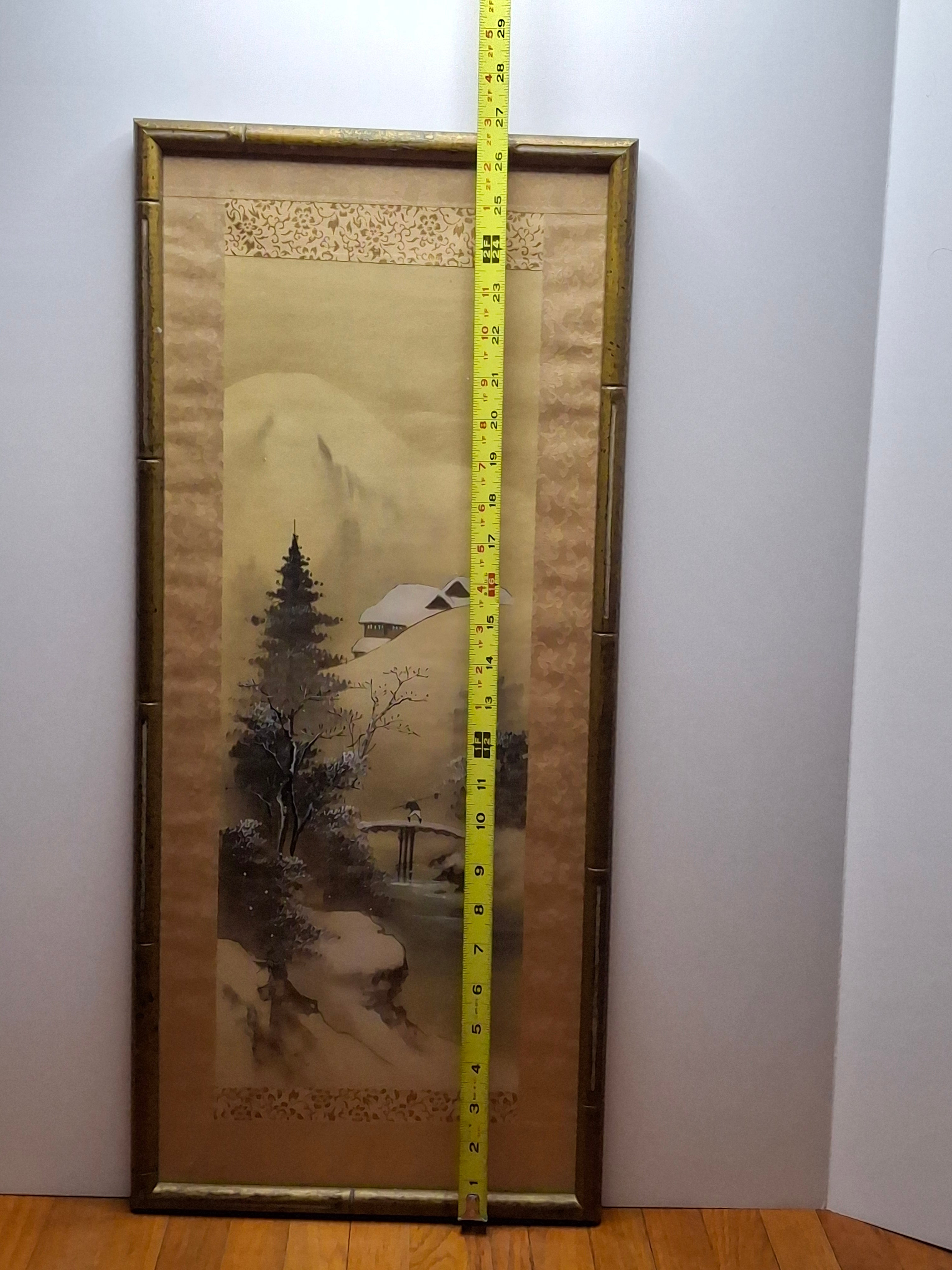Mid-20th Century Japanese Four Seasons Silk Ink Wash Panels Set by Sanzo Wada - Signed Sanzō with Red Seals, Framed Bamboo Gilt (27" x 12" Each)