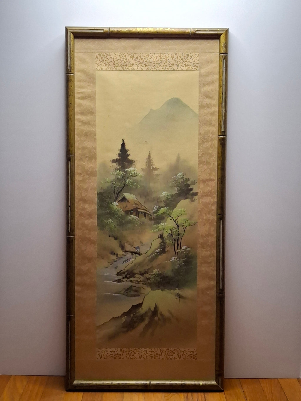Mid-20th Century Japanese Four Seasons Silk Ink Wash Panels Set by Sanzo Wada - Signed Sanzō with Red Seals, Framed Bamboo Gilt (27" x 12" Each)