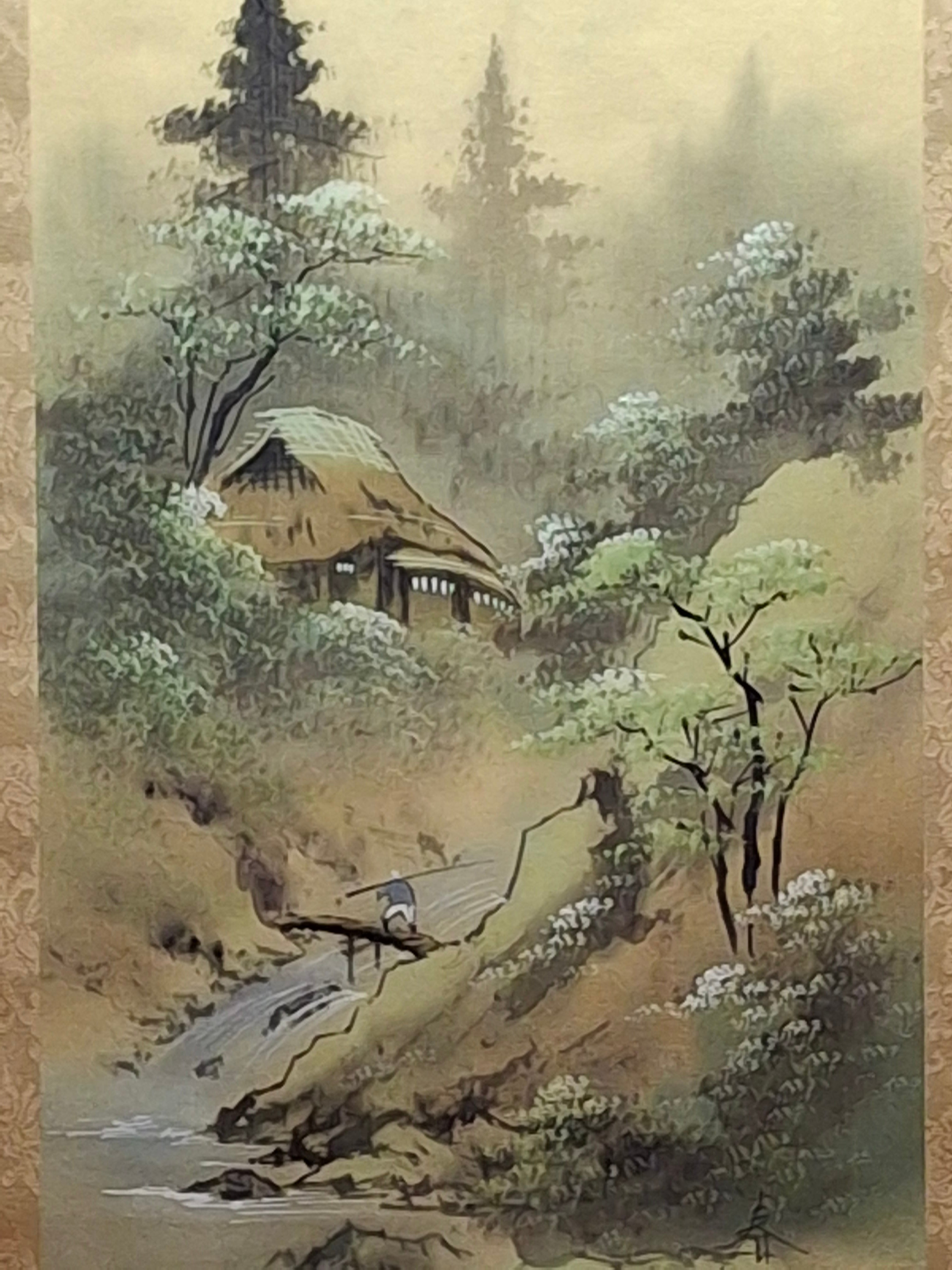 Mid-20th Century Japanese Four Seasons Silk Ink Wash Panels Set by Sanzo Wada - Signed Sanzō with Red Seals, Framed Bamboo Gilt (27" x 12" Each)