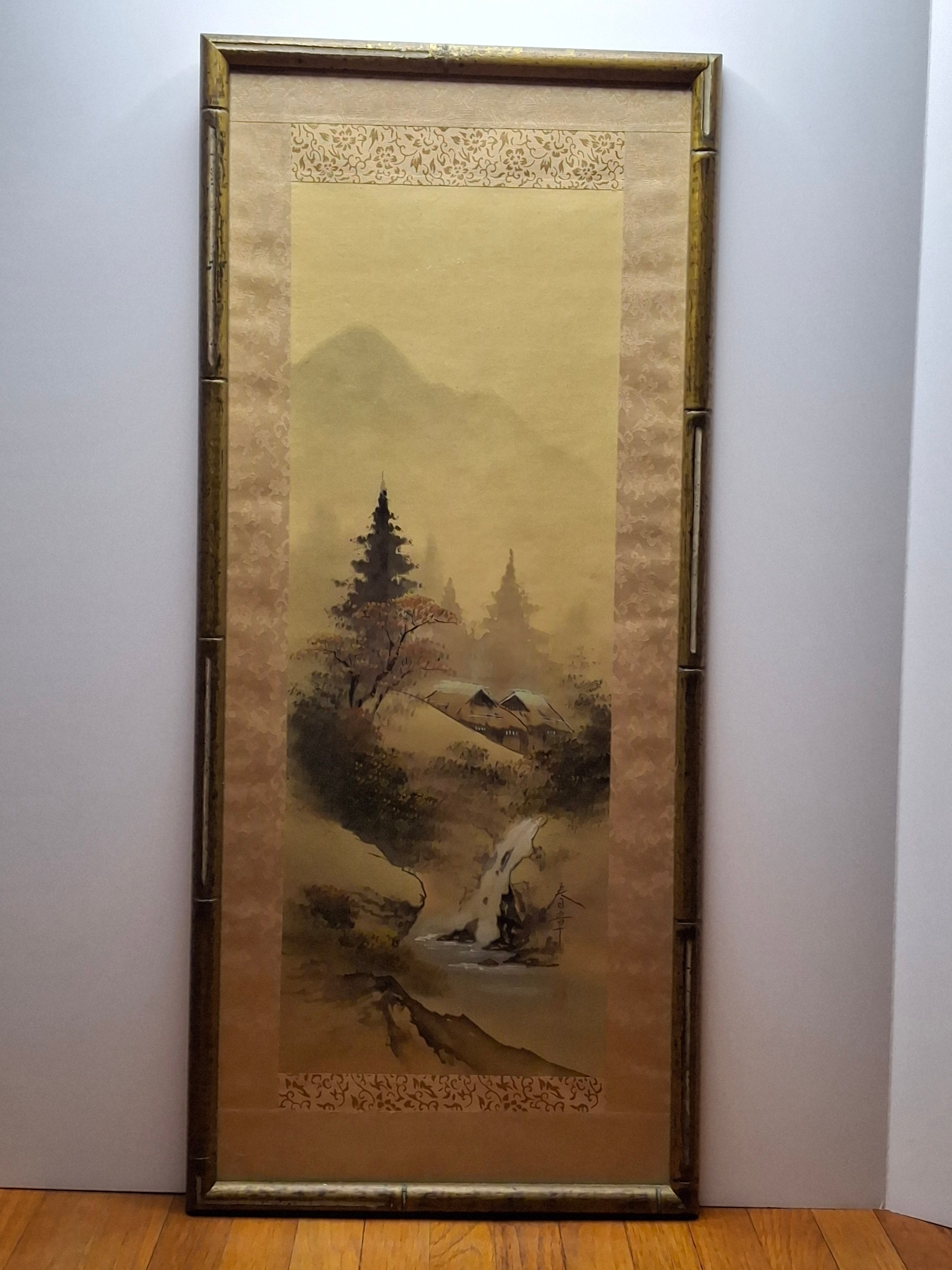 Mid-20th Century Japanese Four Seasons Silk Ink Wash Panels Set by Sanzo Wada - Signed Sanzō with Red Seals, Framed Bamboo Gilt (27" x 12" Each)