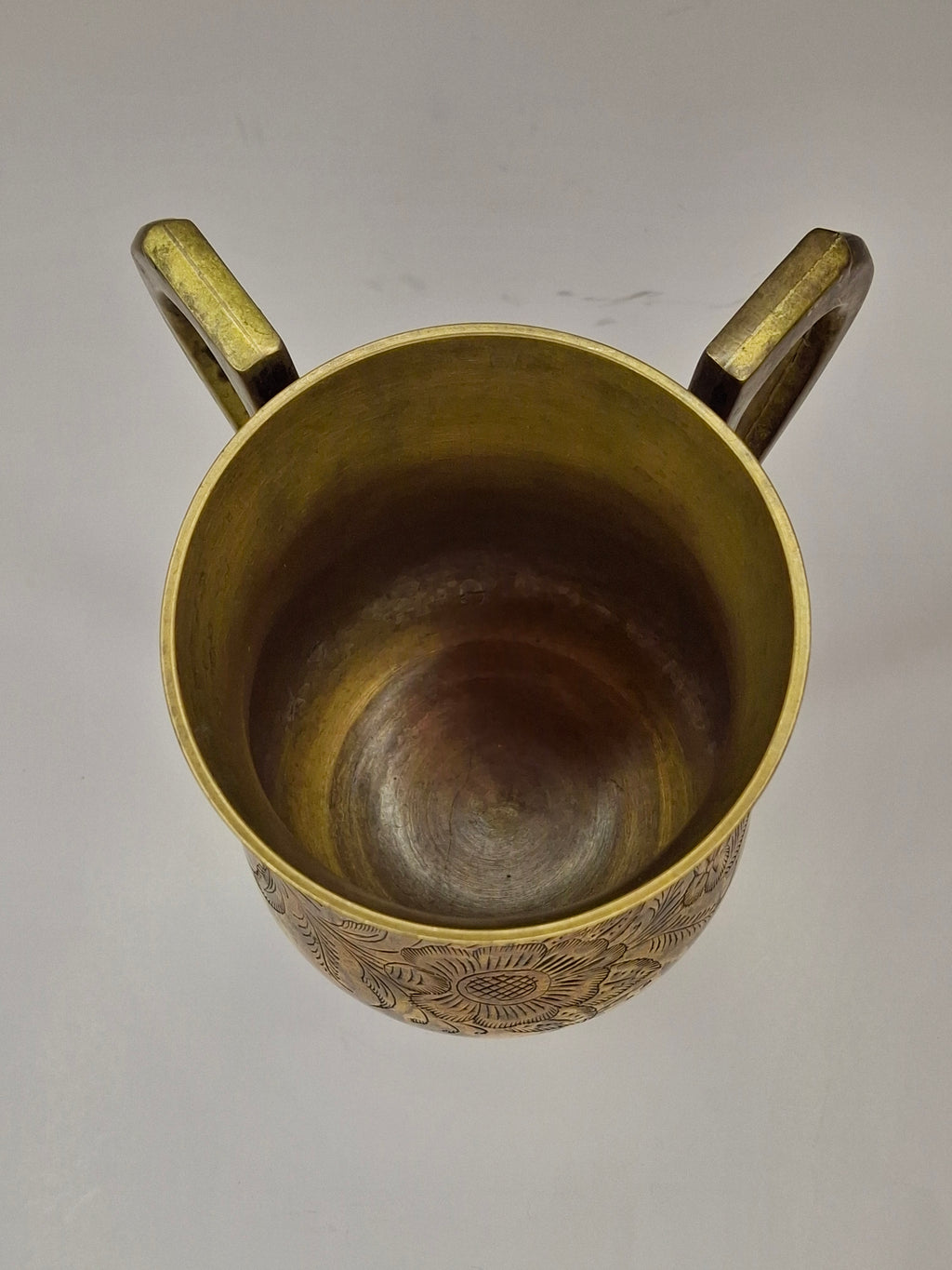 Antique Late 19th Century Brass Netilat Yadayim Jewish Ritual Hand Washing Cup with Hebrew Inscription and Floral Engravings