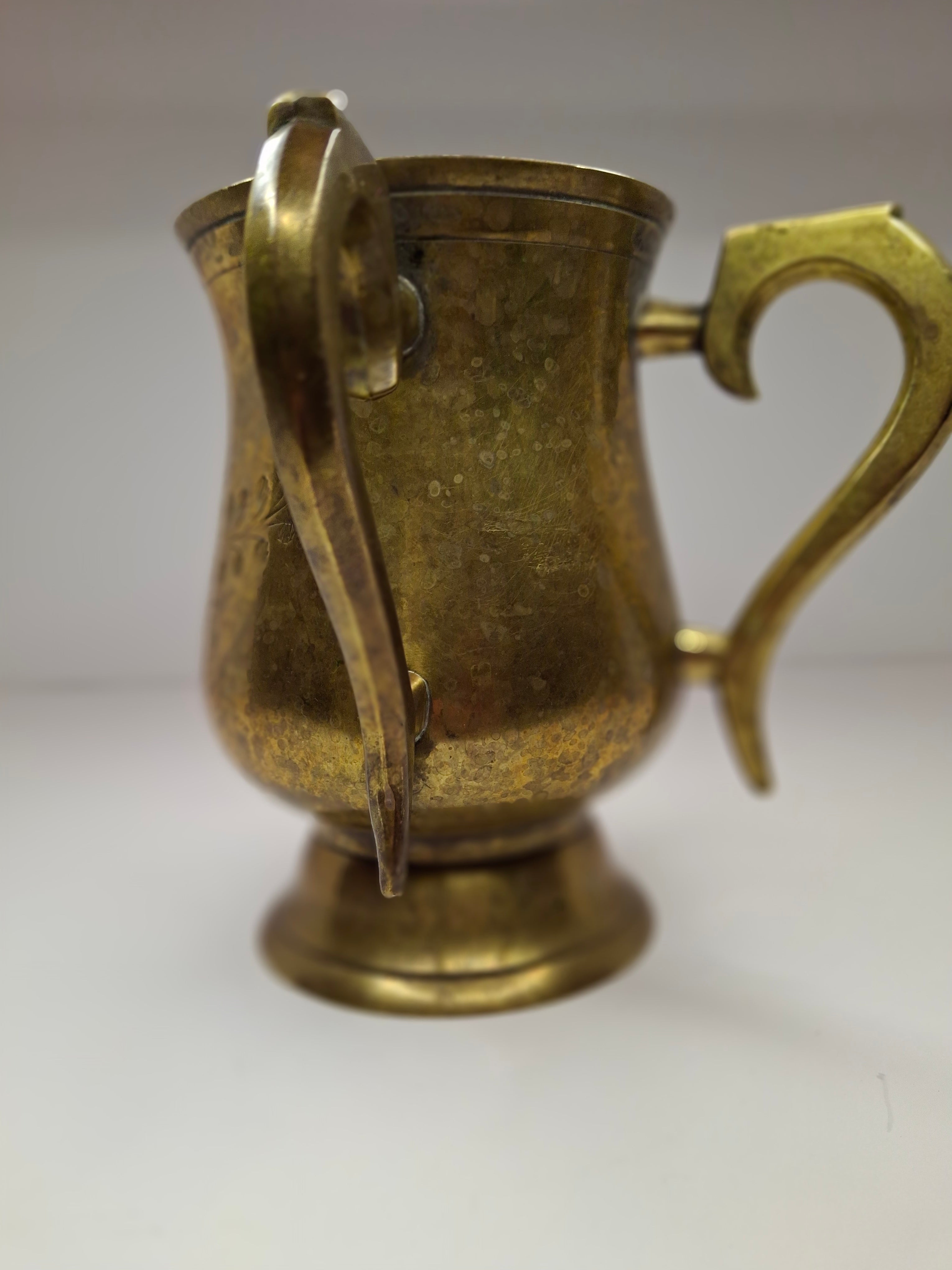 Antique Late 19th Century Brass Netilat Yadayim Jewish Ritual Hand Washing Cup with Hebrew Inscription and Floral Engravings