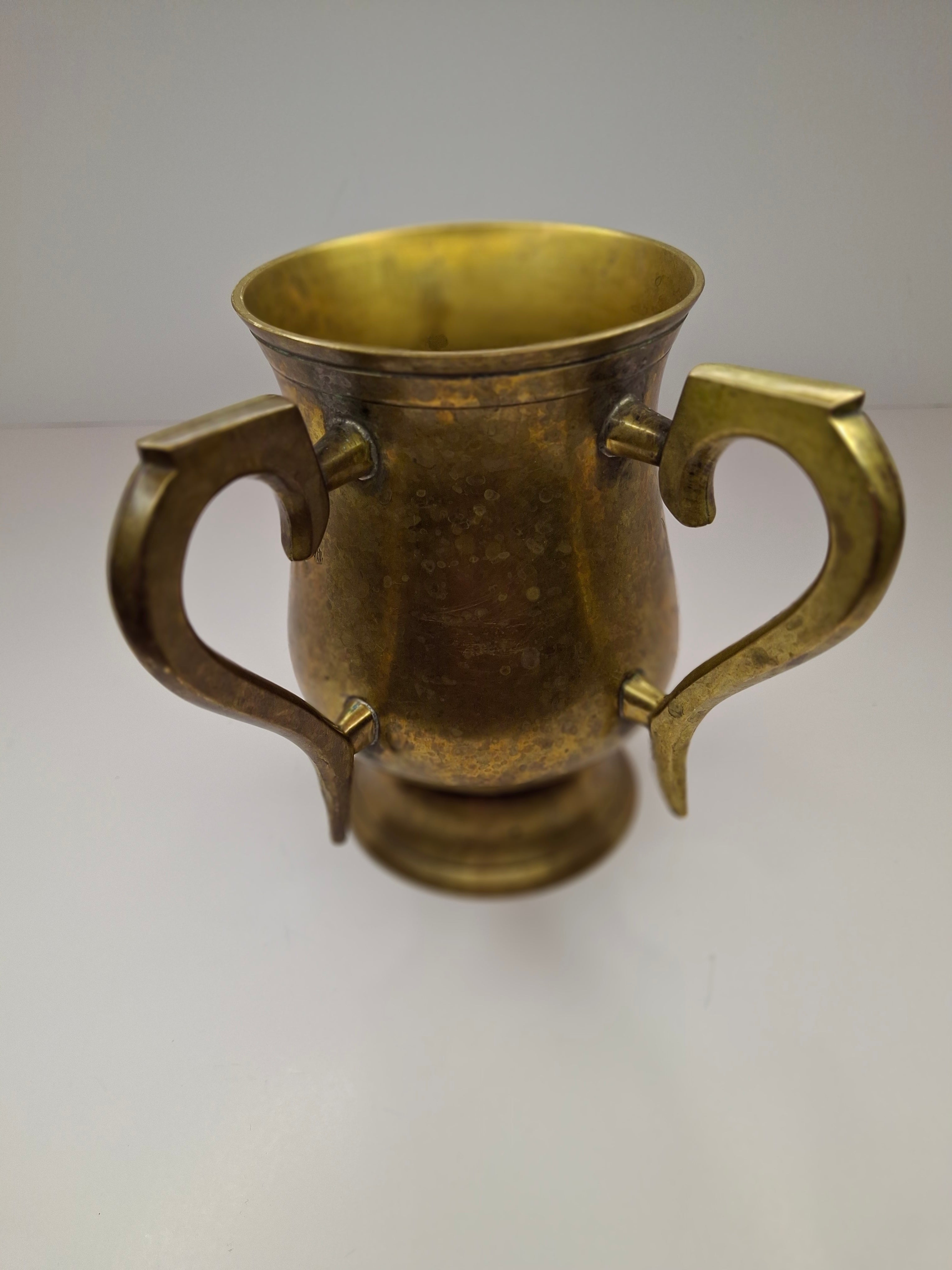 Antique Late 19th Century Brass Netilat Yadayim Jewish Ritual Hand Washing Cup with Hebrew Inscription and Floral Engravings