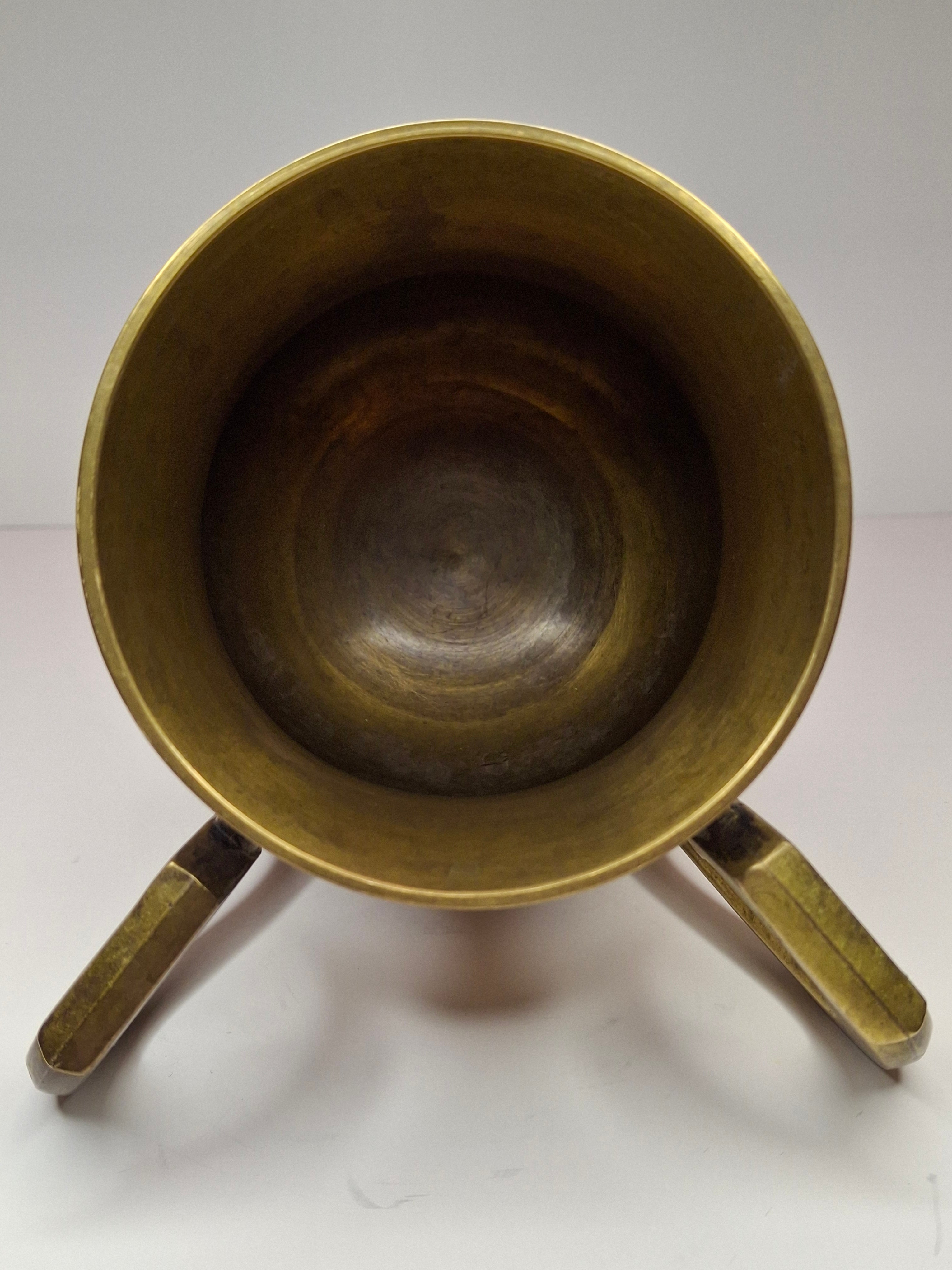 Antique Late 19th Century Brass Netilat Yadayim Jewish Ritual Hand Washing Cup with Hebrew Inscription and Floral Engravings