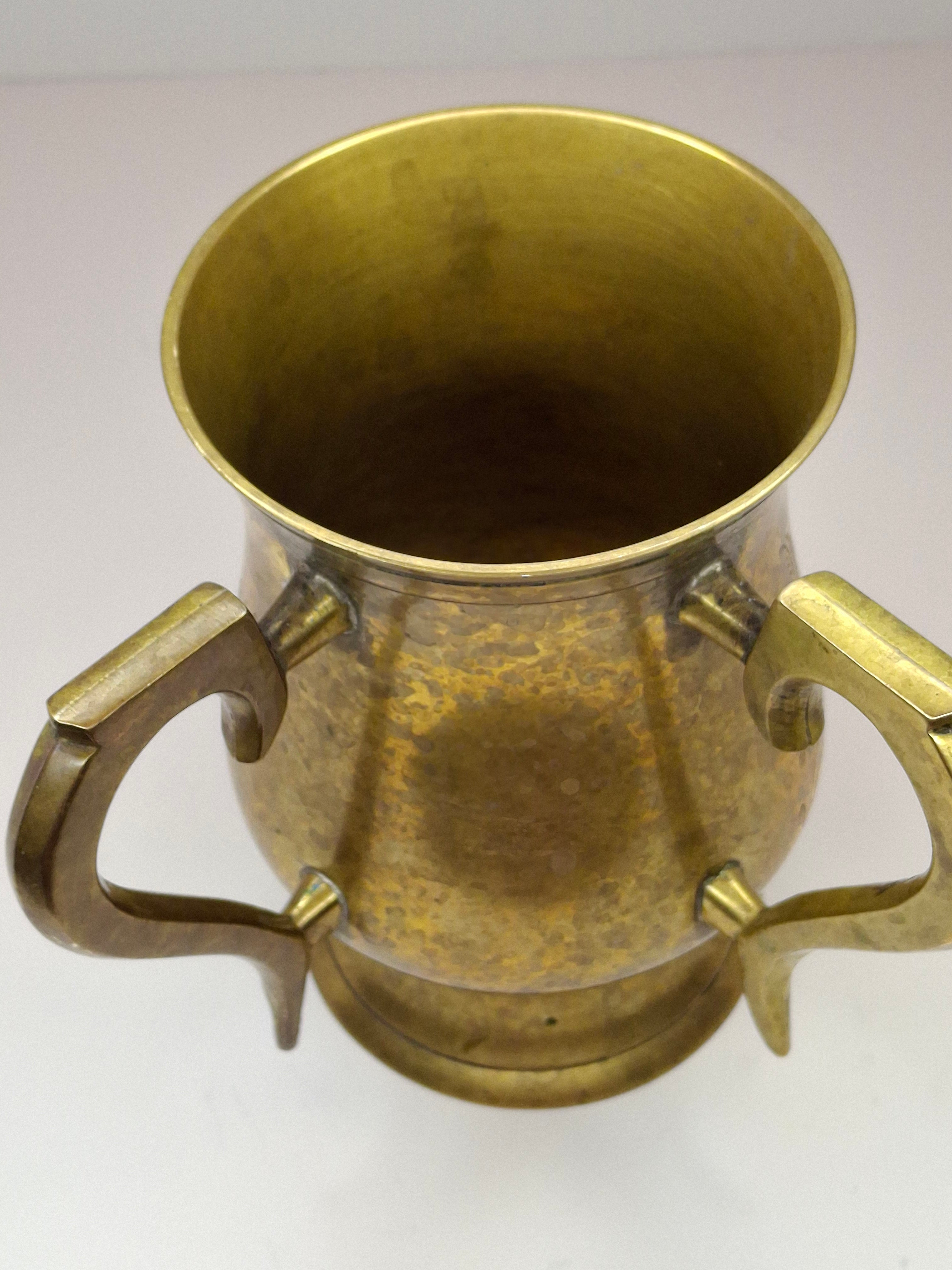 Antique Late 19th Century Brass Netilat Yadayim Jewish Ritual Hand Washing Cup with Hebrew Inscription and Floral Engravings