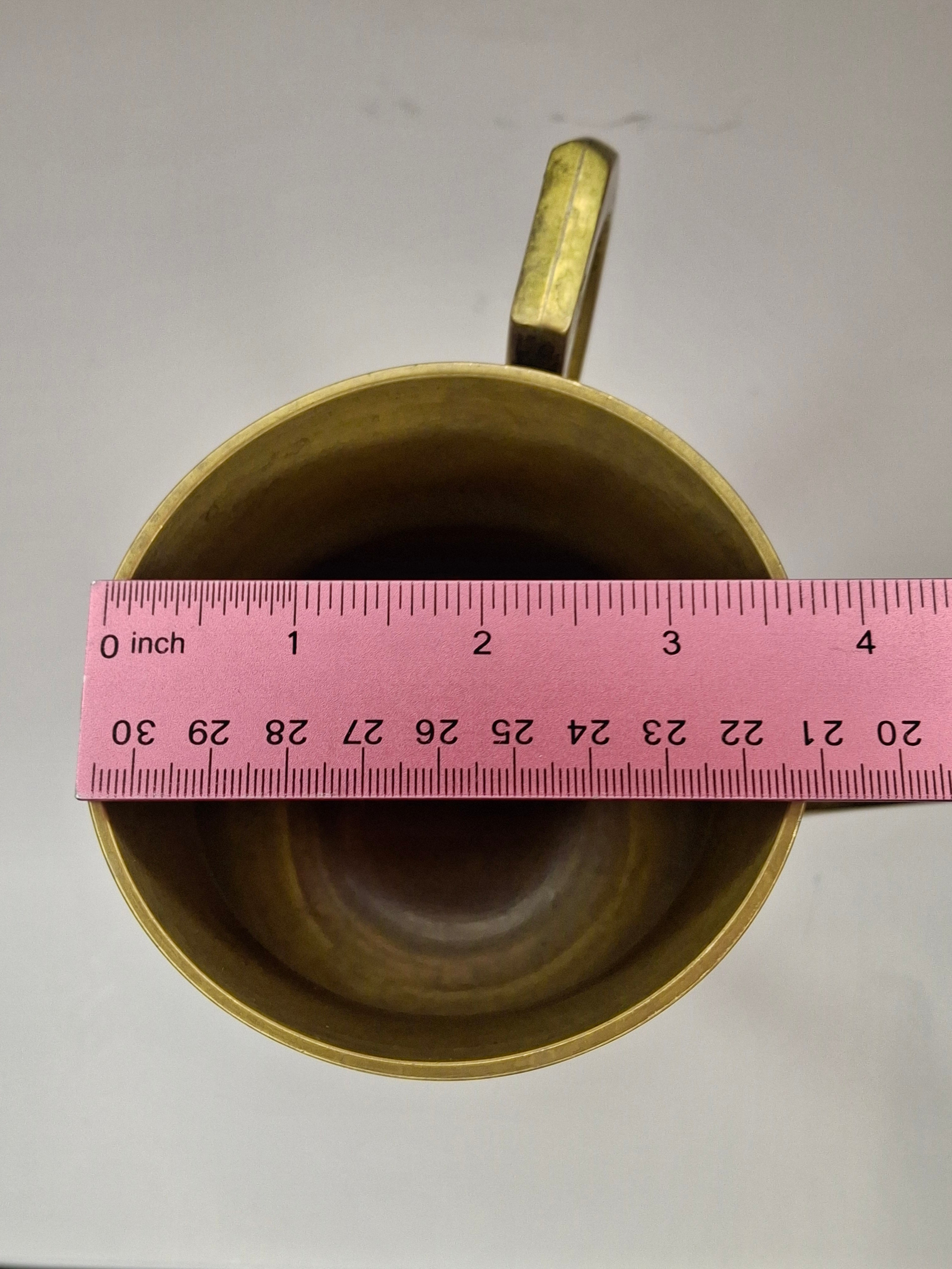 Antique Late 19th Century Brass Netilat Yadayim Jewish Ritual Hand Washing Cup with Hebrew Inscription and Floral Engravings