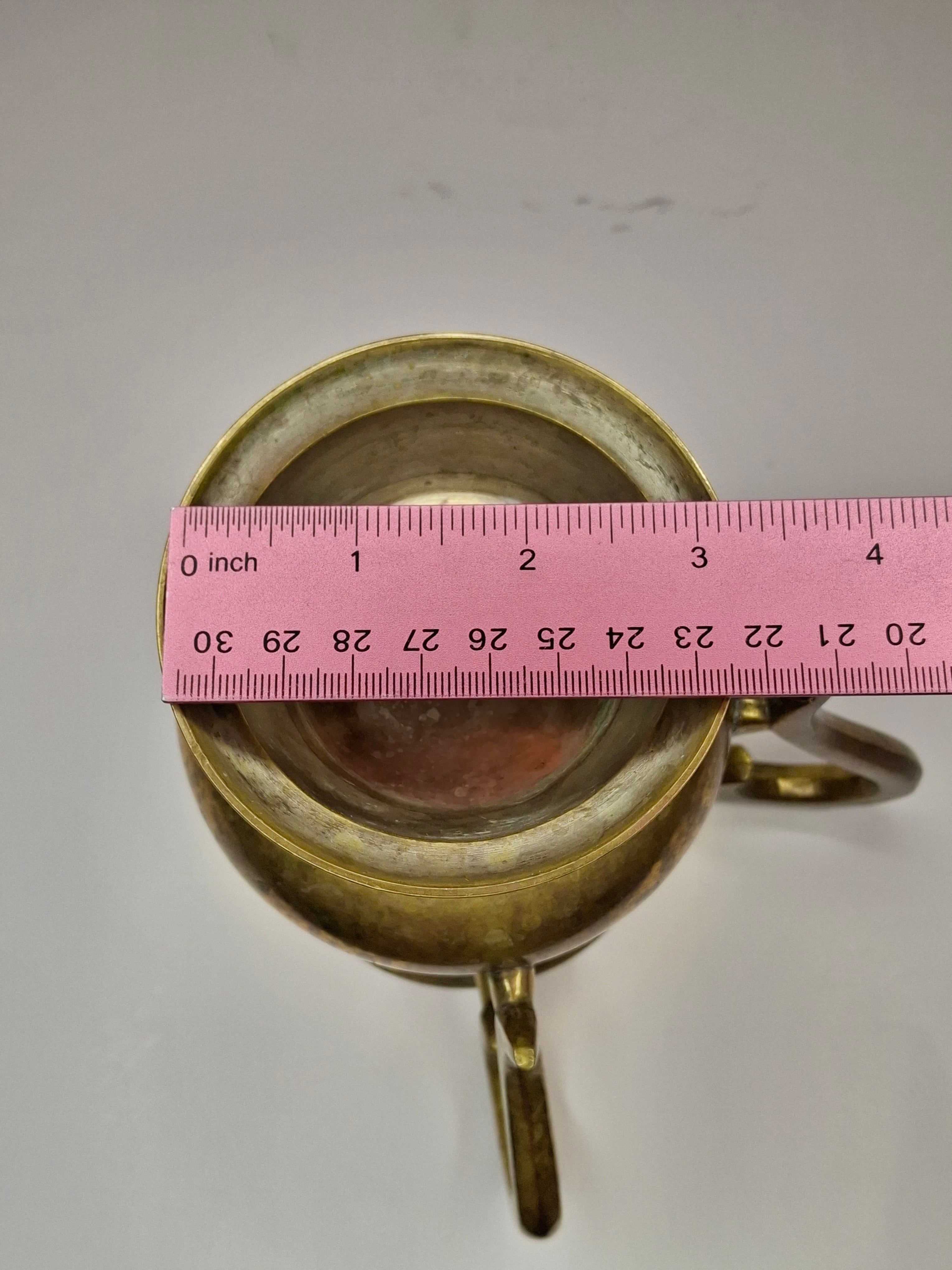 Antique Late 19th Century Brass Netilat Yadayim Jewish Ritual Hand Washing Cup with Hebrew Inscription and Floral Engravings