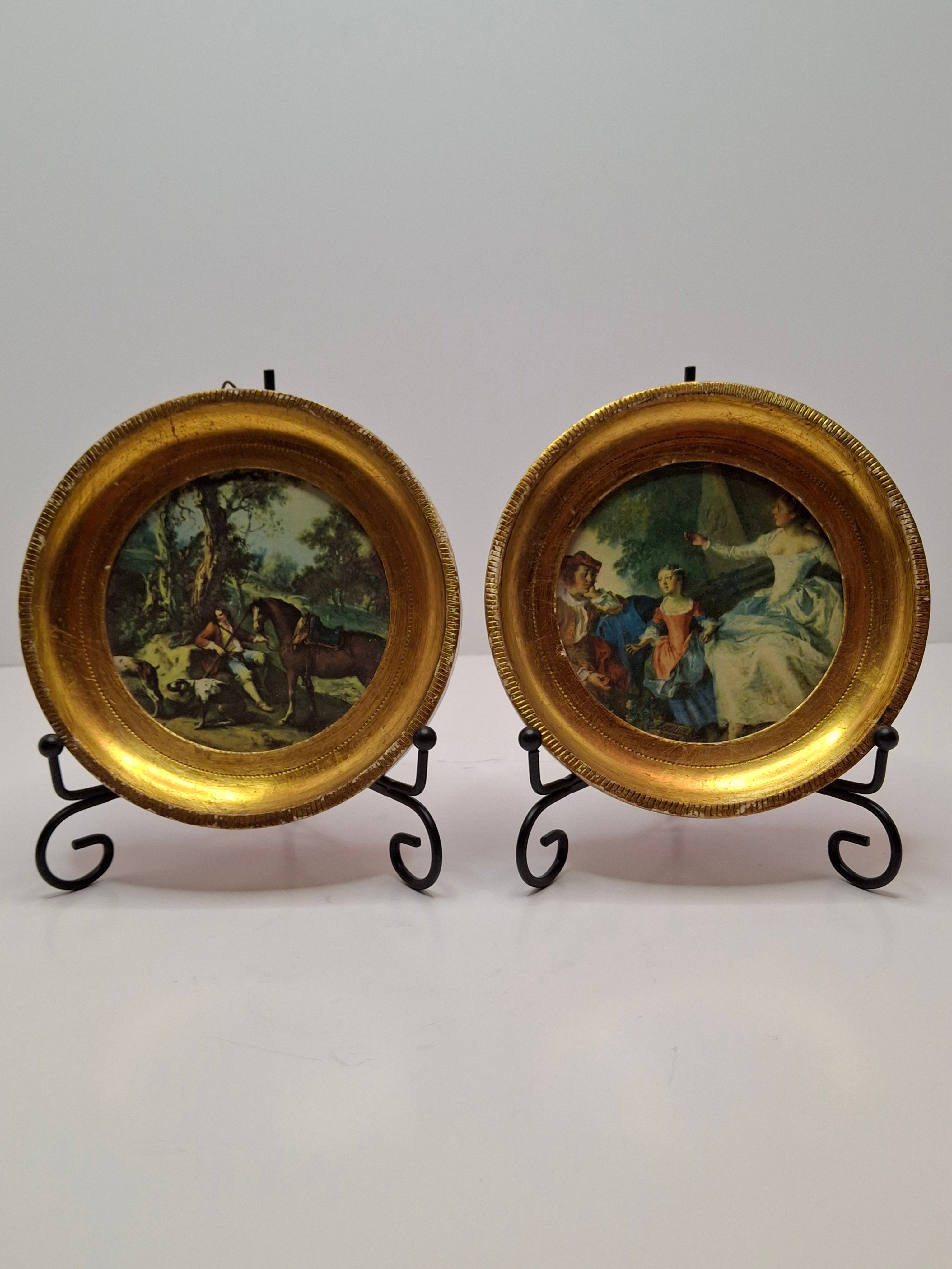 Pair Antique Rococo Miniature Prints - 5" Round Gilt Wood Frames - Courting & Hunting Scenes - Victorian Era Art